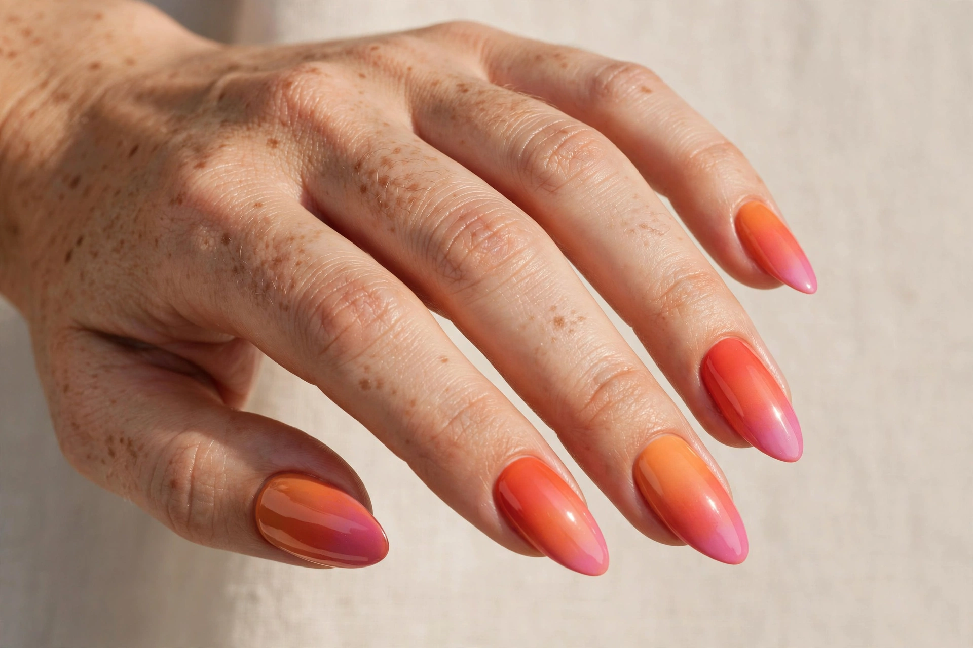 Sunset gradient nails blending orange, pink, and coral