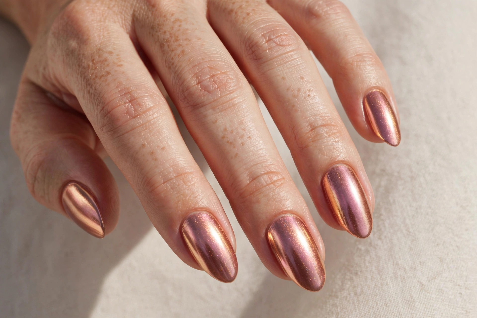 Rose gold chrome nails with a metallic pink-gold shimmer