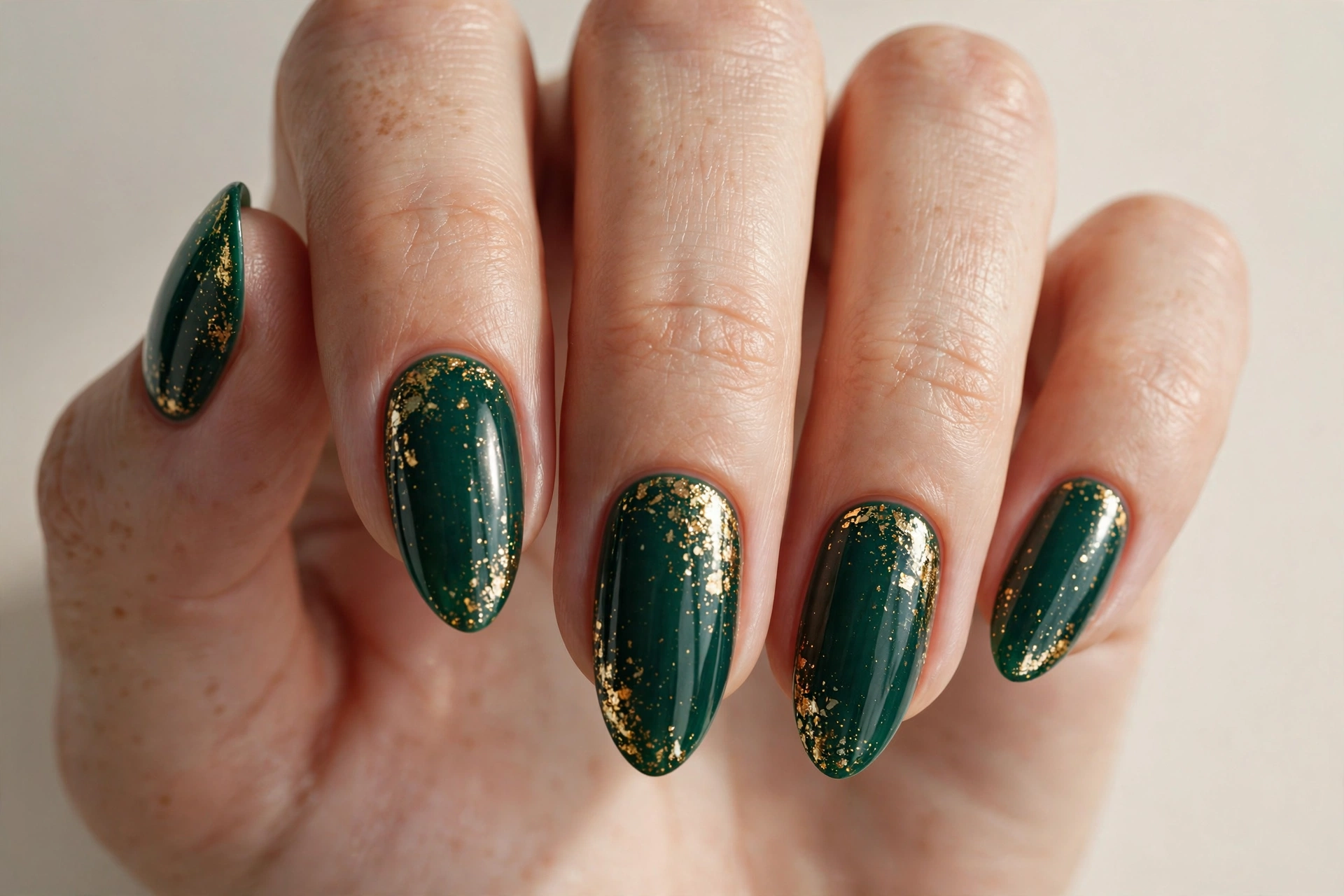 Emerald green Christmas nails with gold glitter accents