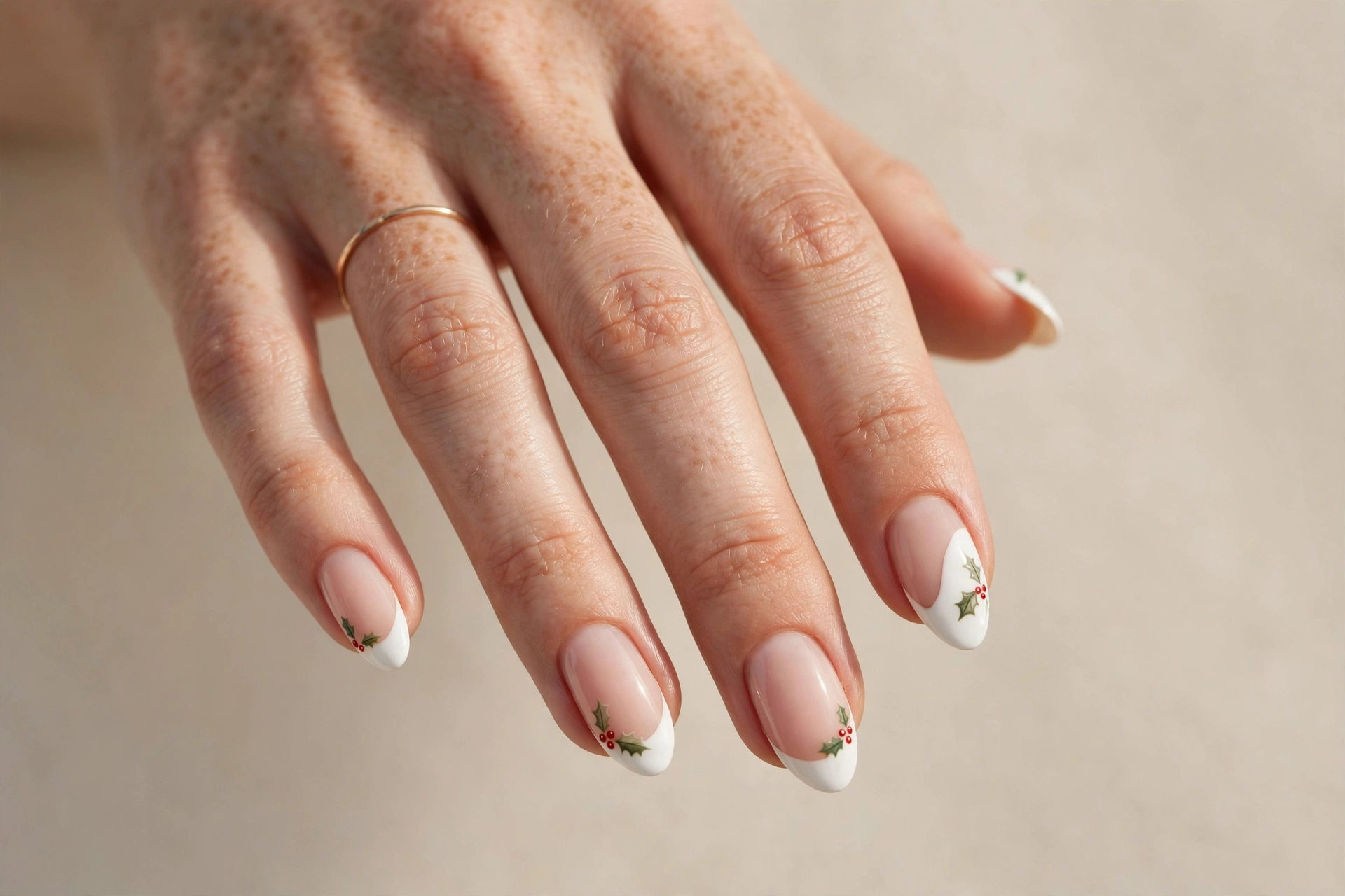 White French tip nails with holly berry nail art