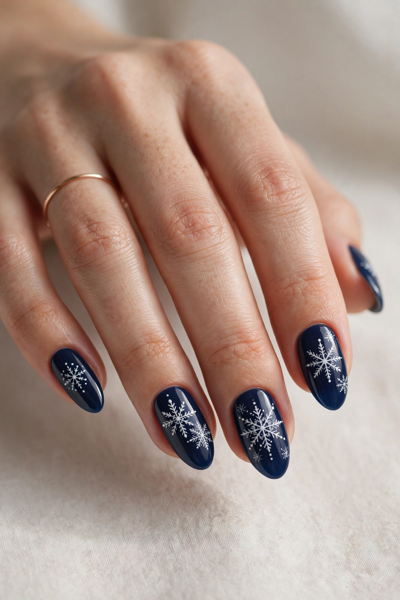 Midnight navy nails with white snowflake nail art