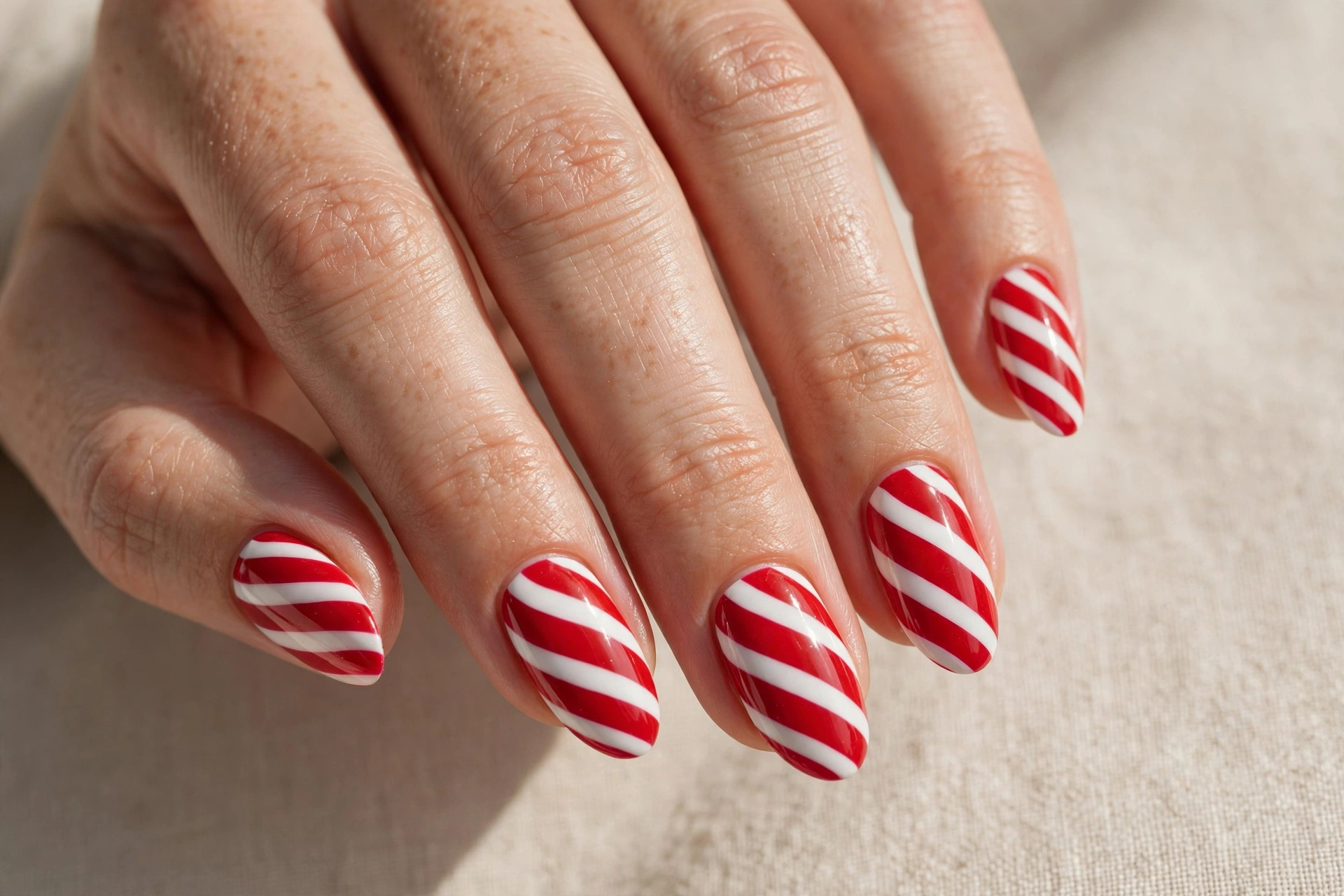 Red and white candy cane stripe Christmas nails