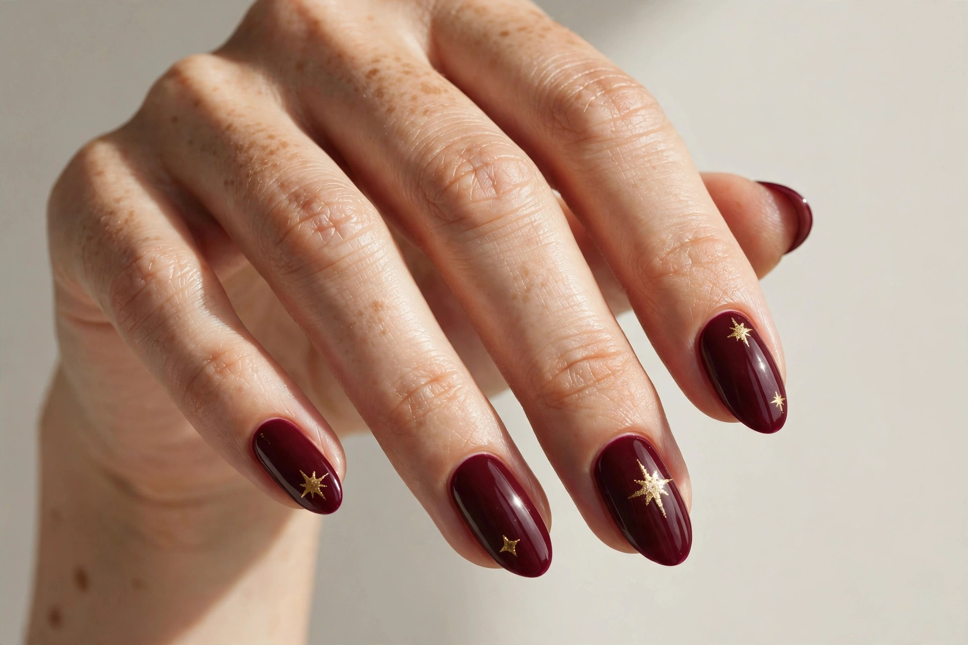 Burgundy Christmas nails with gold star nail art