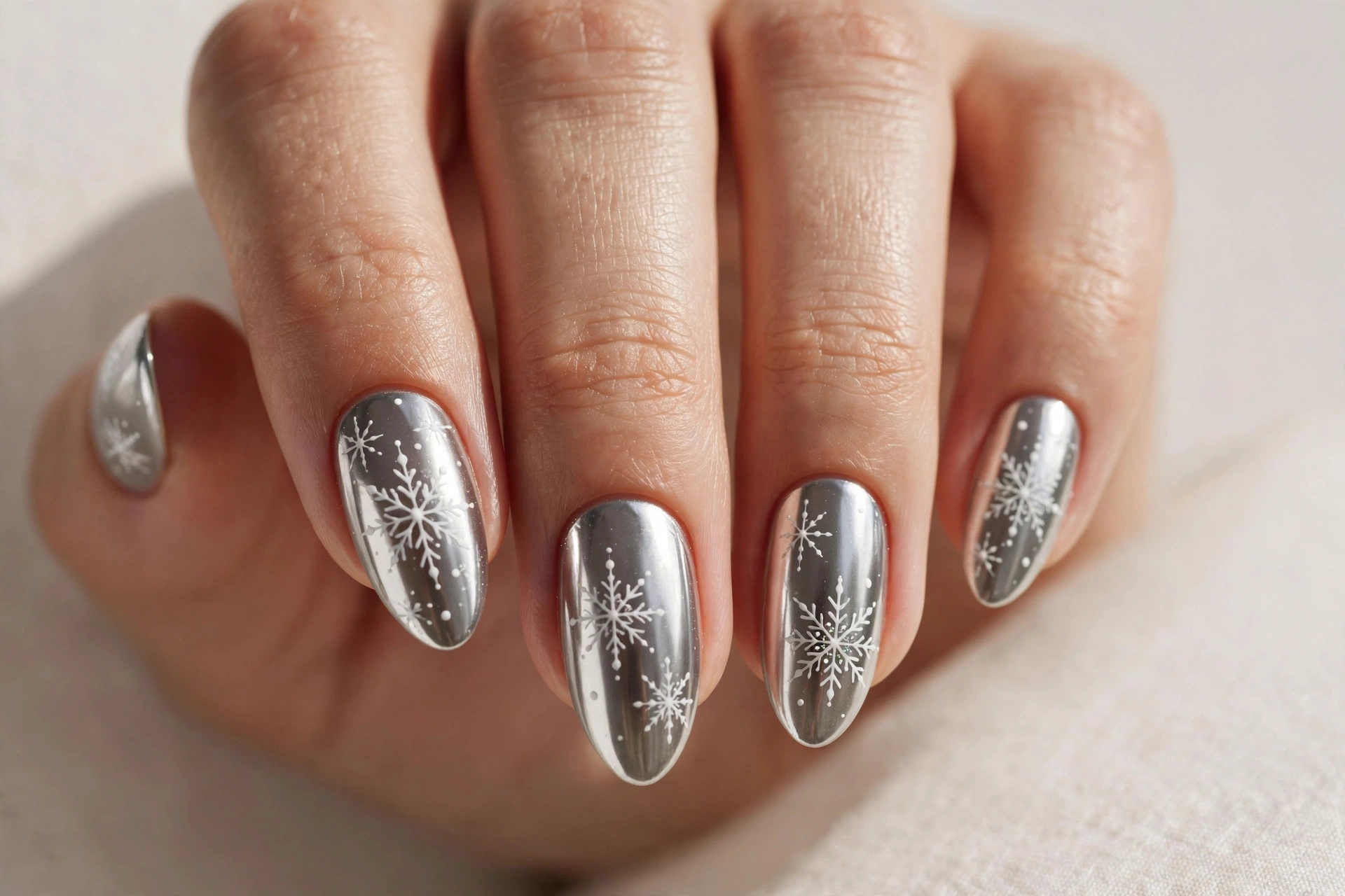 Silver chrome nails with white snowflake nail art