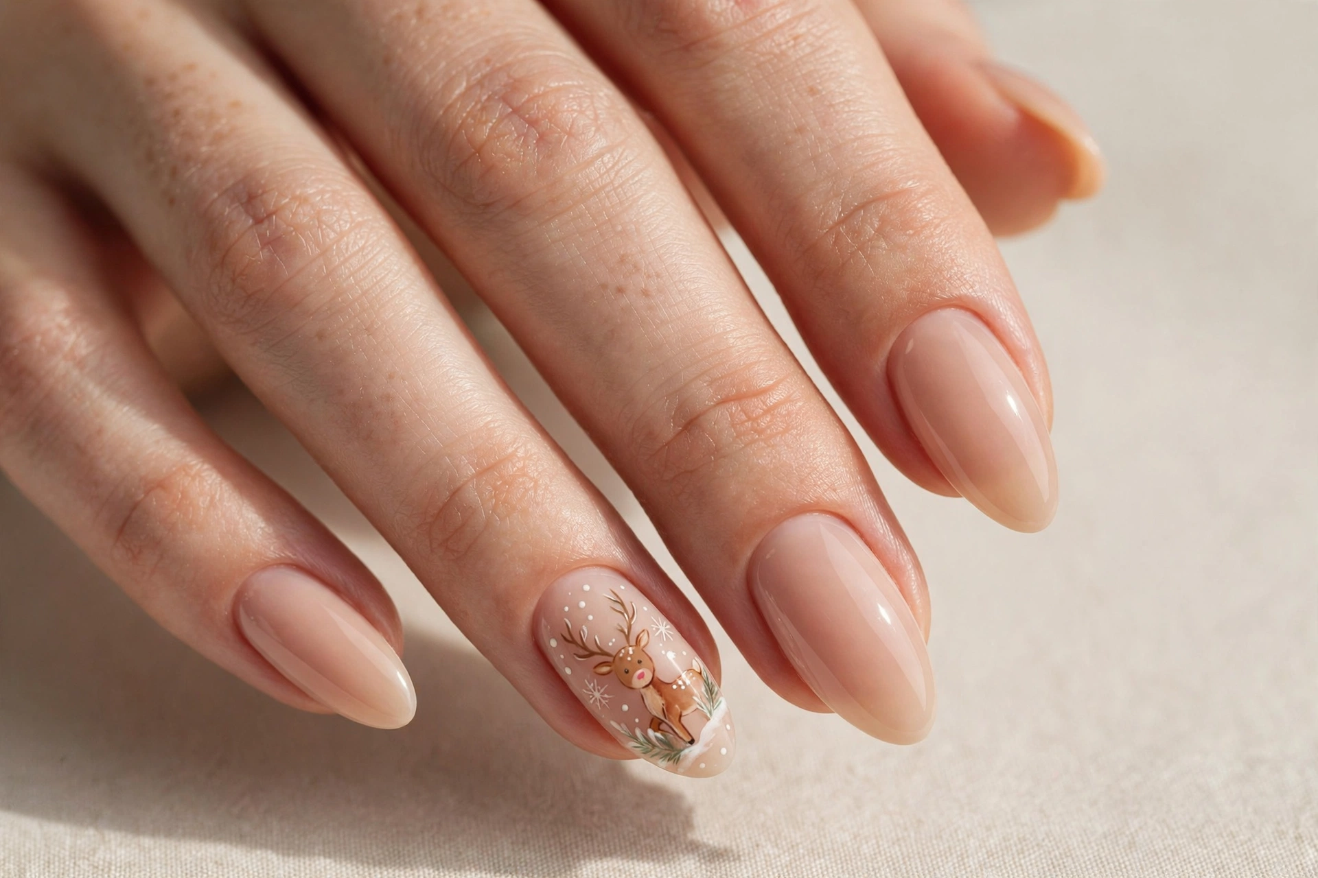 Nude nails with hand-painted reindeer Christmas nail art