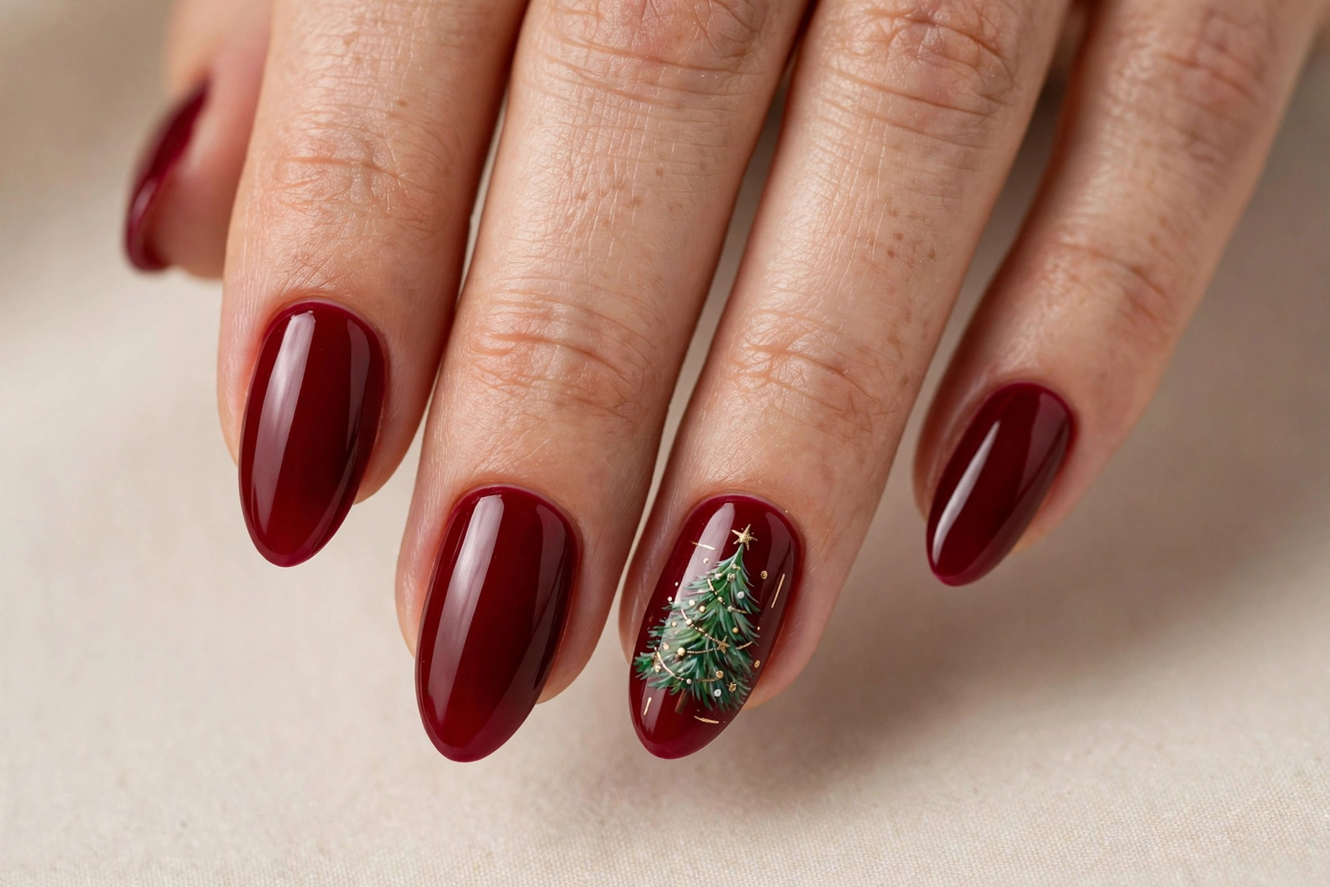 Deep red nails with hand-painted Christmas tree accent nail art