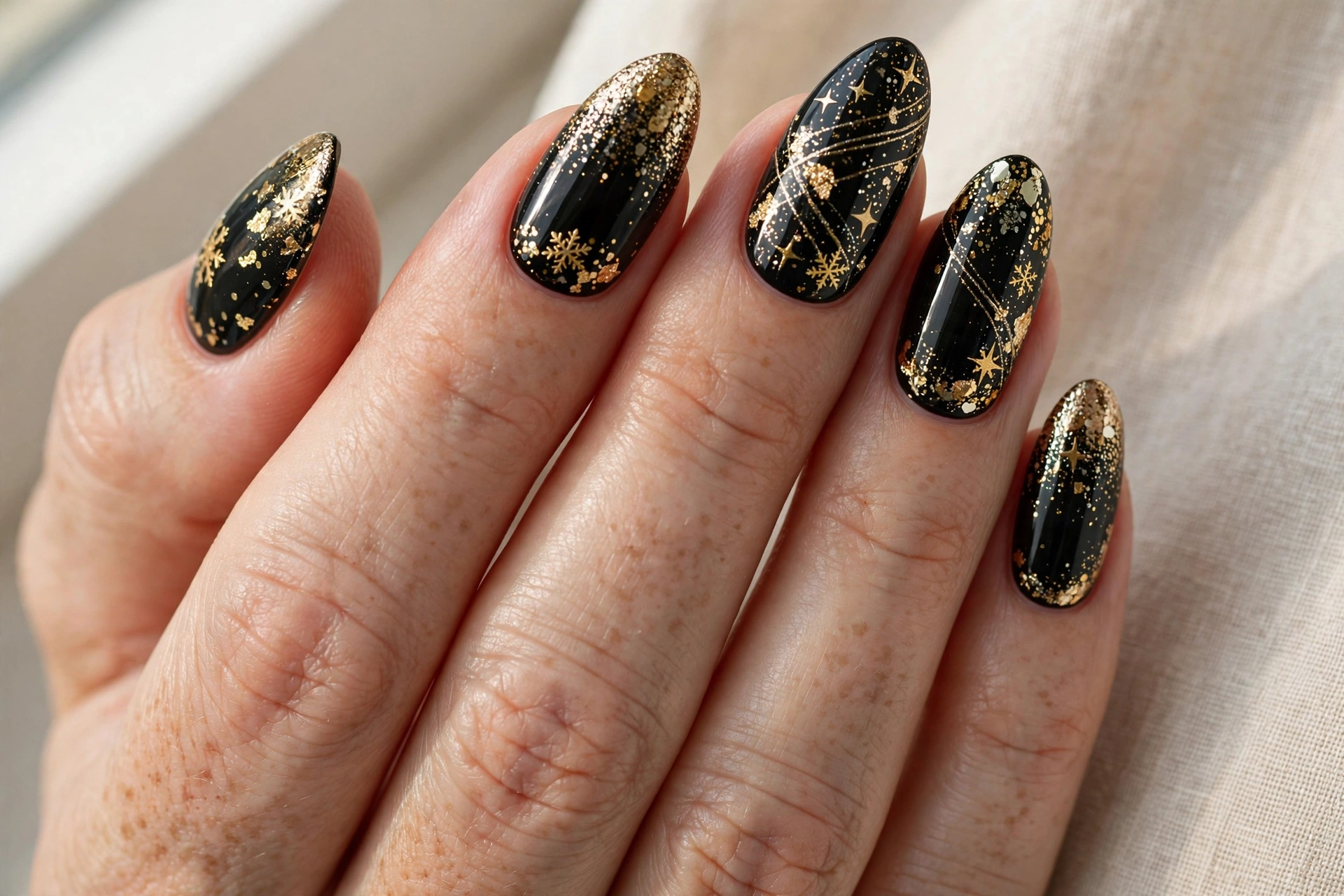 Black Christmas nails with gold glitter accents