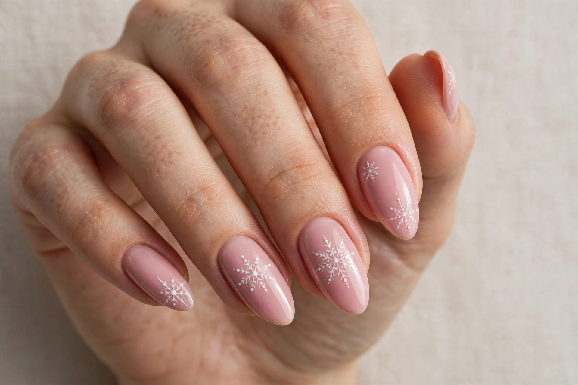 Blush pink nails with white snowflake Christmas nail art