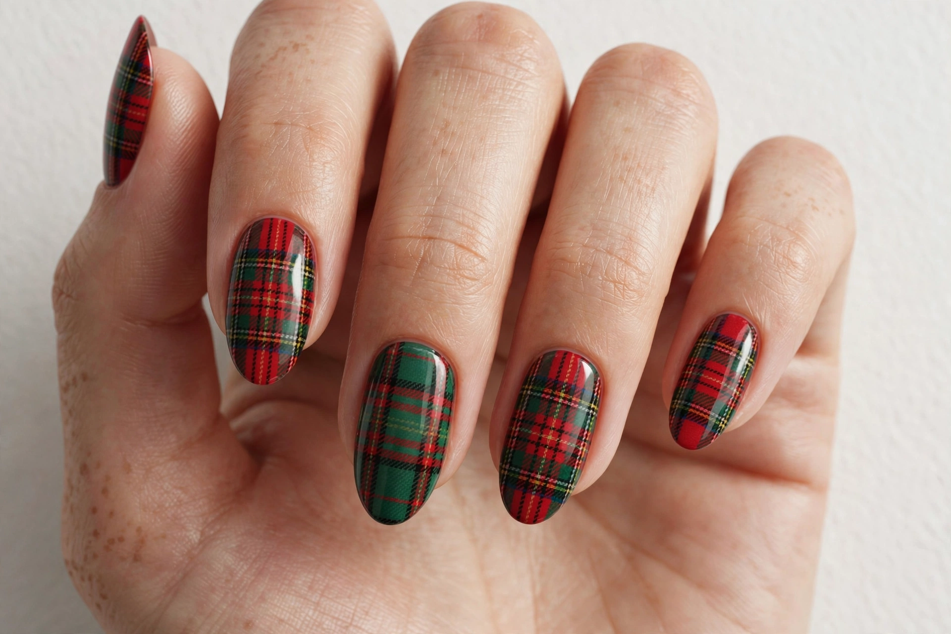 Red and green plaid Christmas nail art