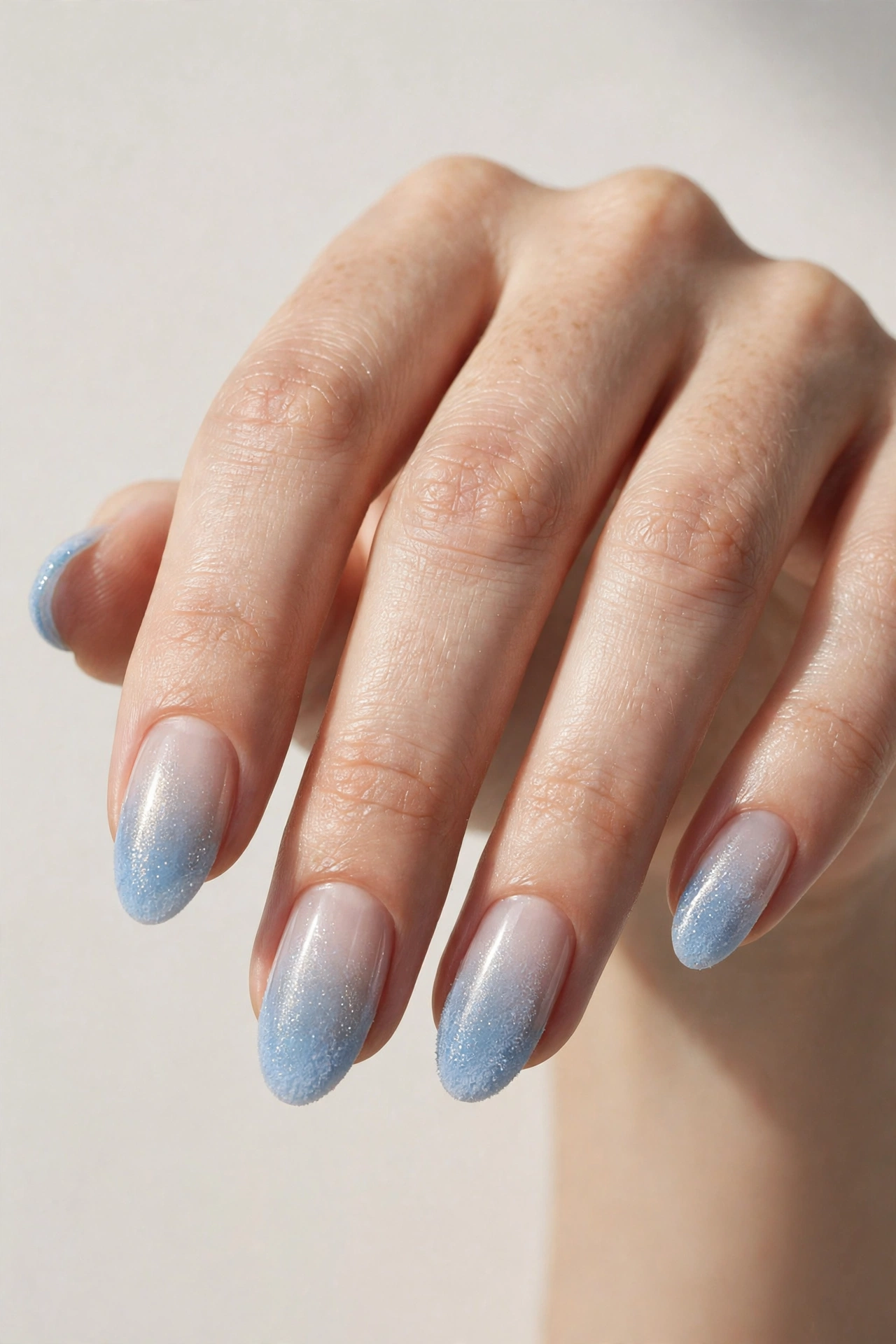 Icy blue frosted Christmas nails with silver shimmer
