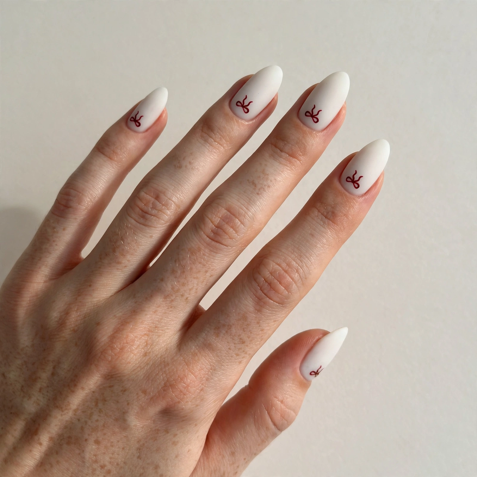 Matte white nails with red bow Christmas nail art