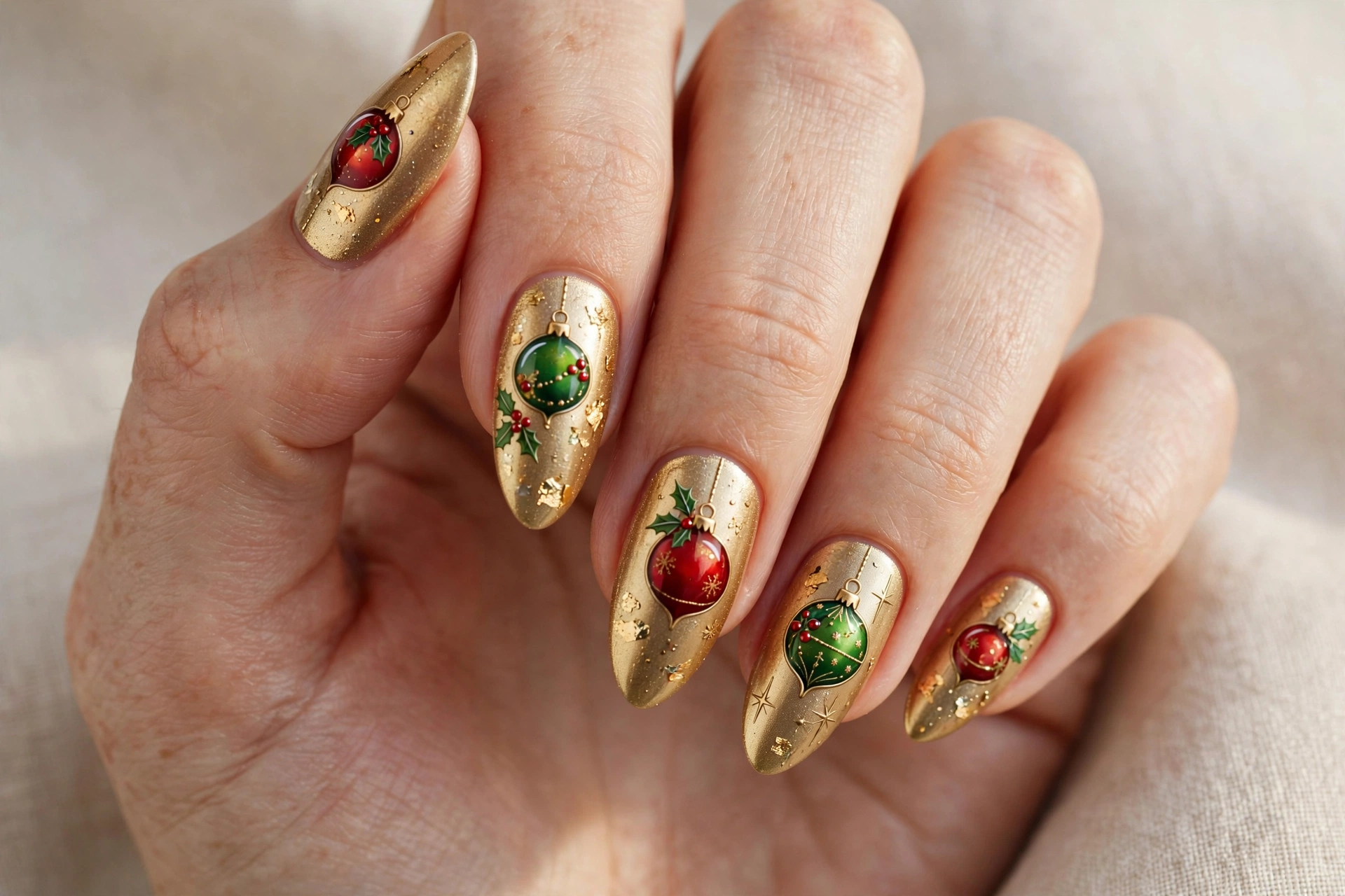 Gold nails with painted Christmas ornament nail art