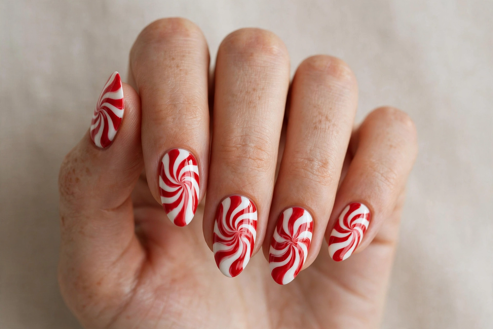 Red and white peppermint swirl Christmas nails
