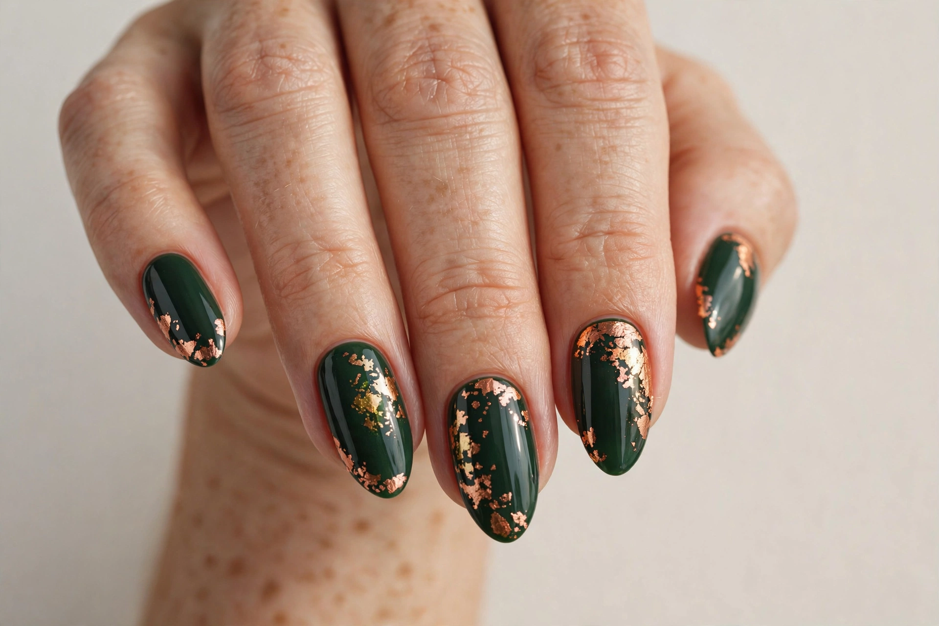 Dark forest green nails with copper foil Christmas accents