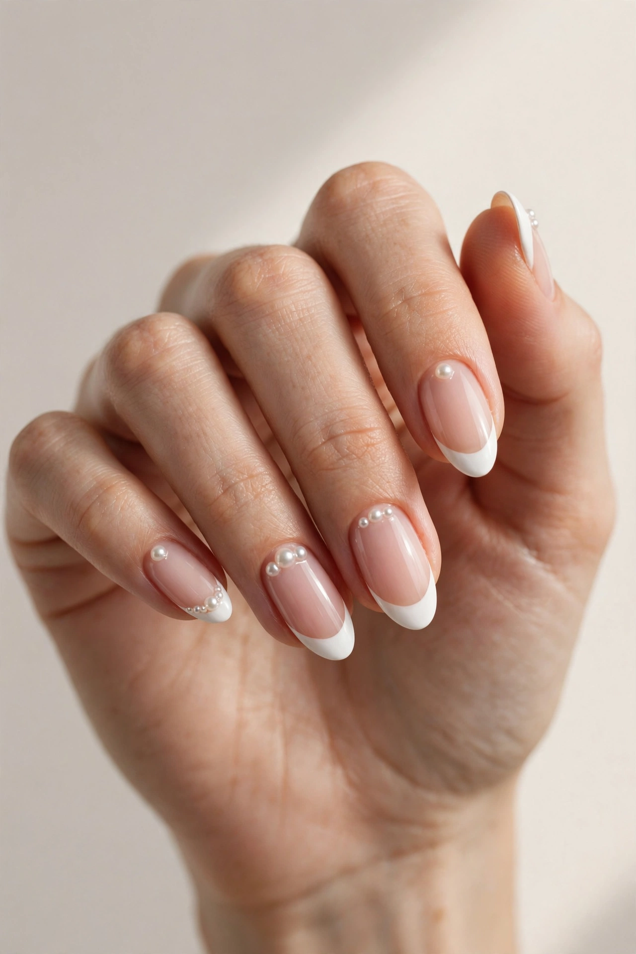 Natural nails with snowy white pearl Christmas tips