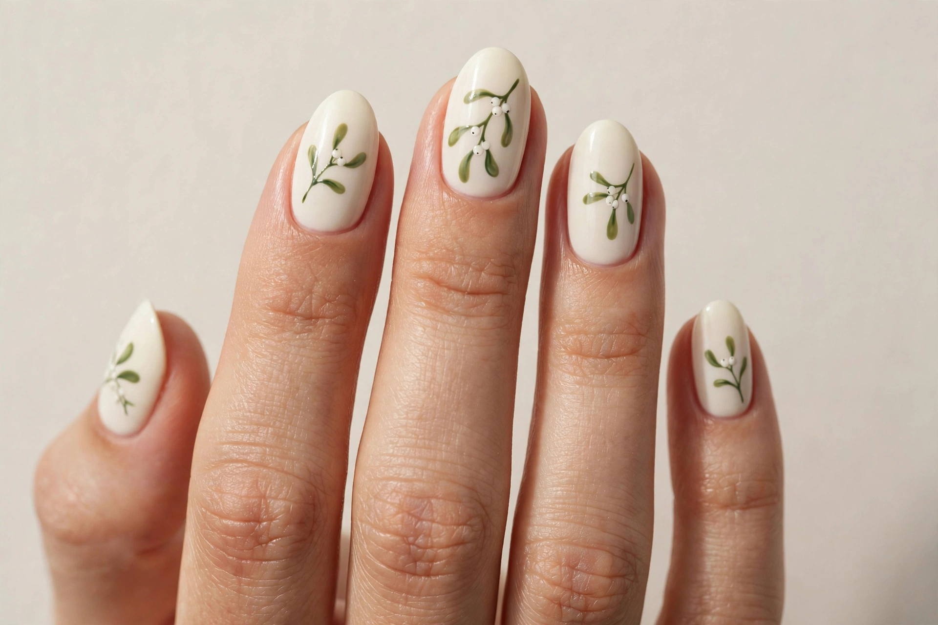 Cream nails with hand-painted mistletoe Christmas nail art