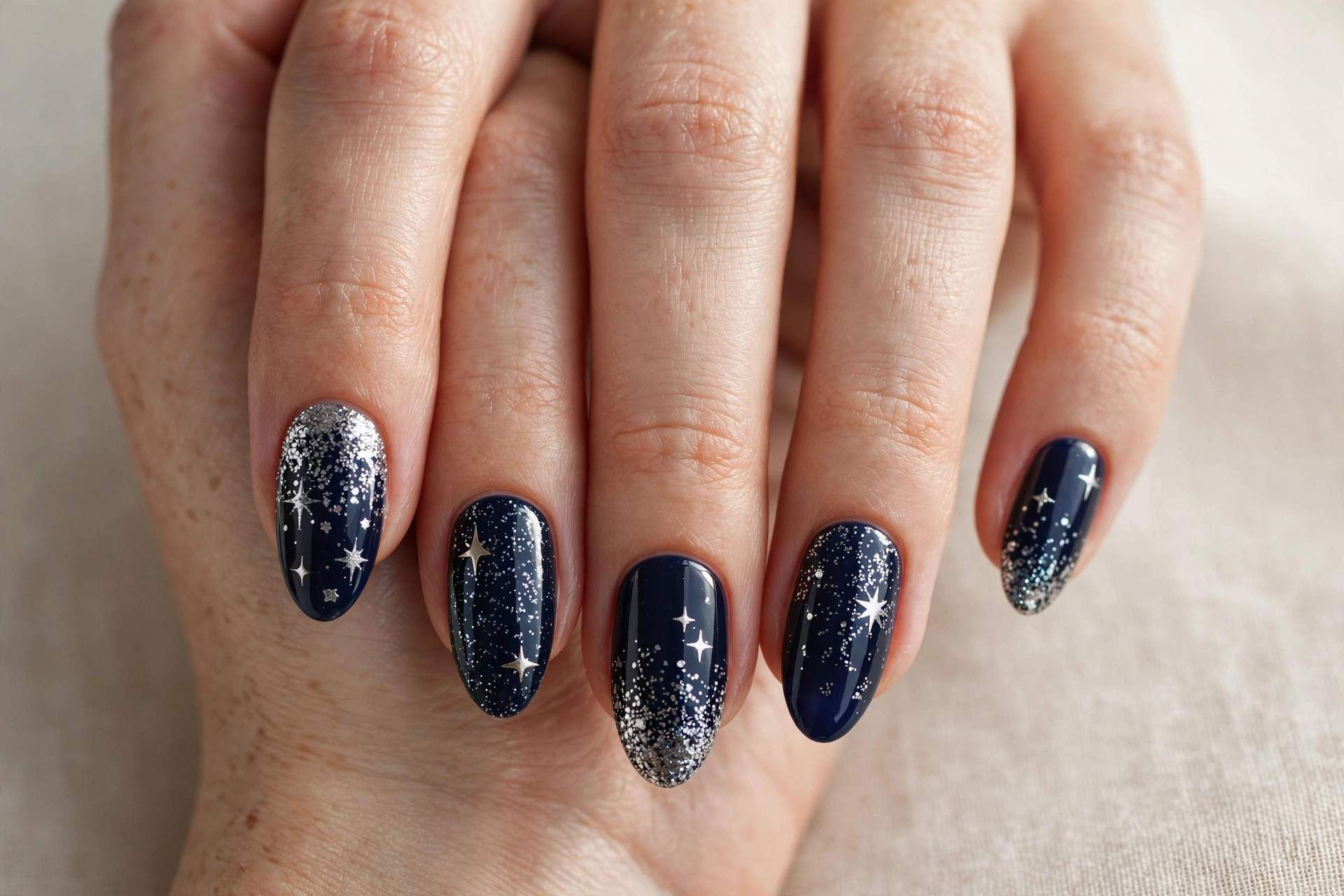 Midnight navy Christmas nails with silver glitter and stars