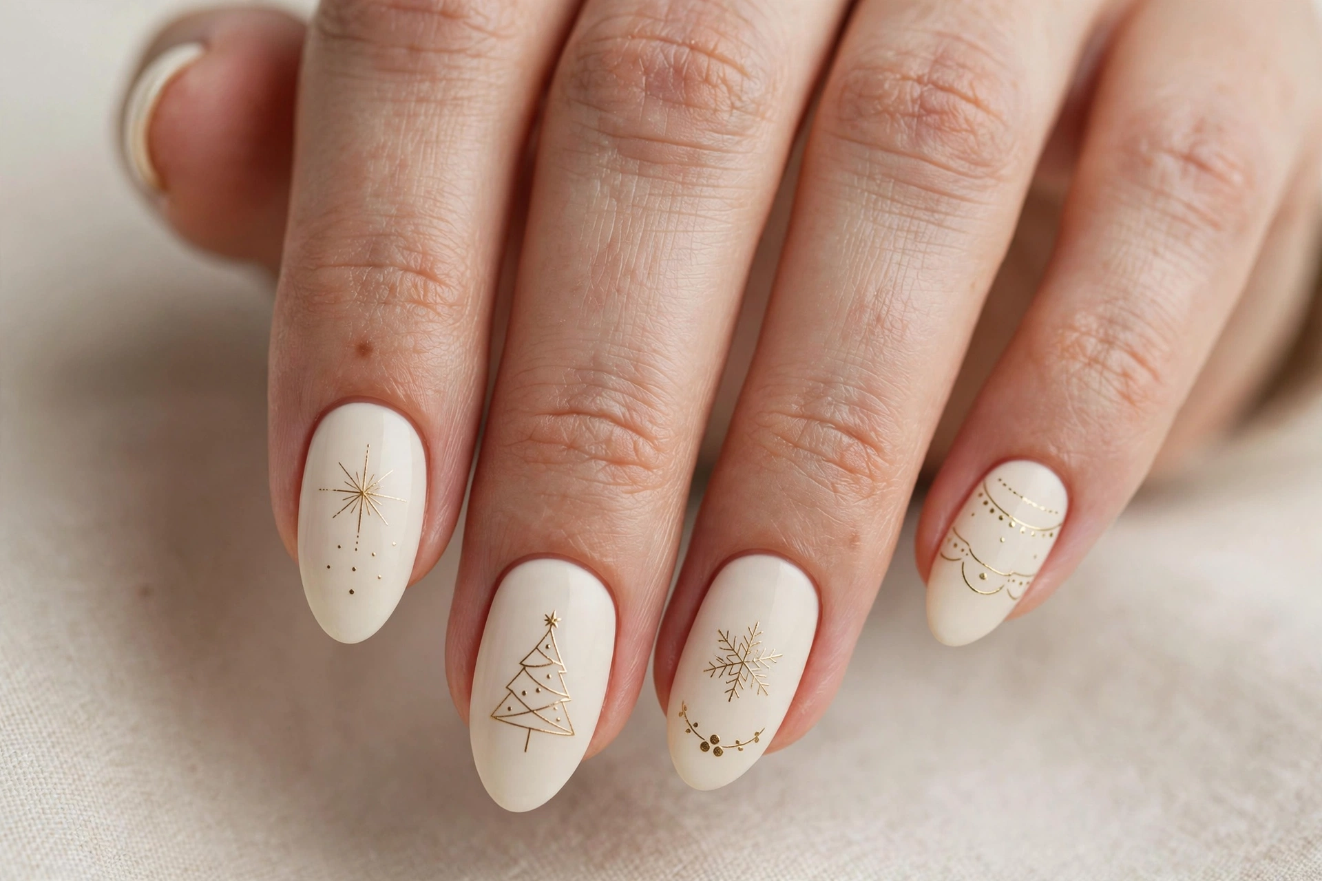 Cream nails with minimalist gold line Christmas nail art