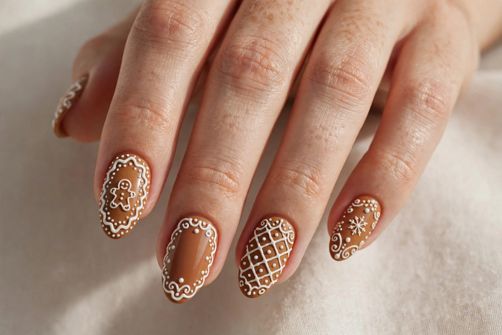 Gingerbread cookie inspired Christmas nails with white icing details