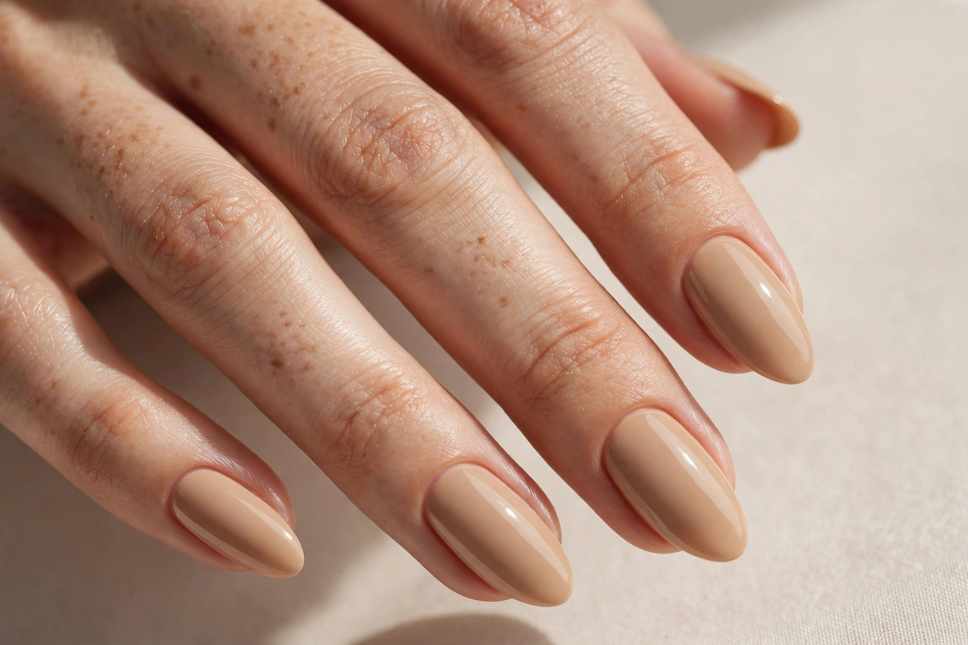 Close-up of a classic warm beige nude manicure on almond nails