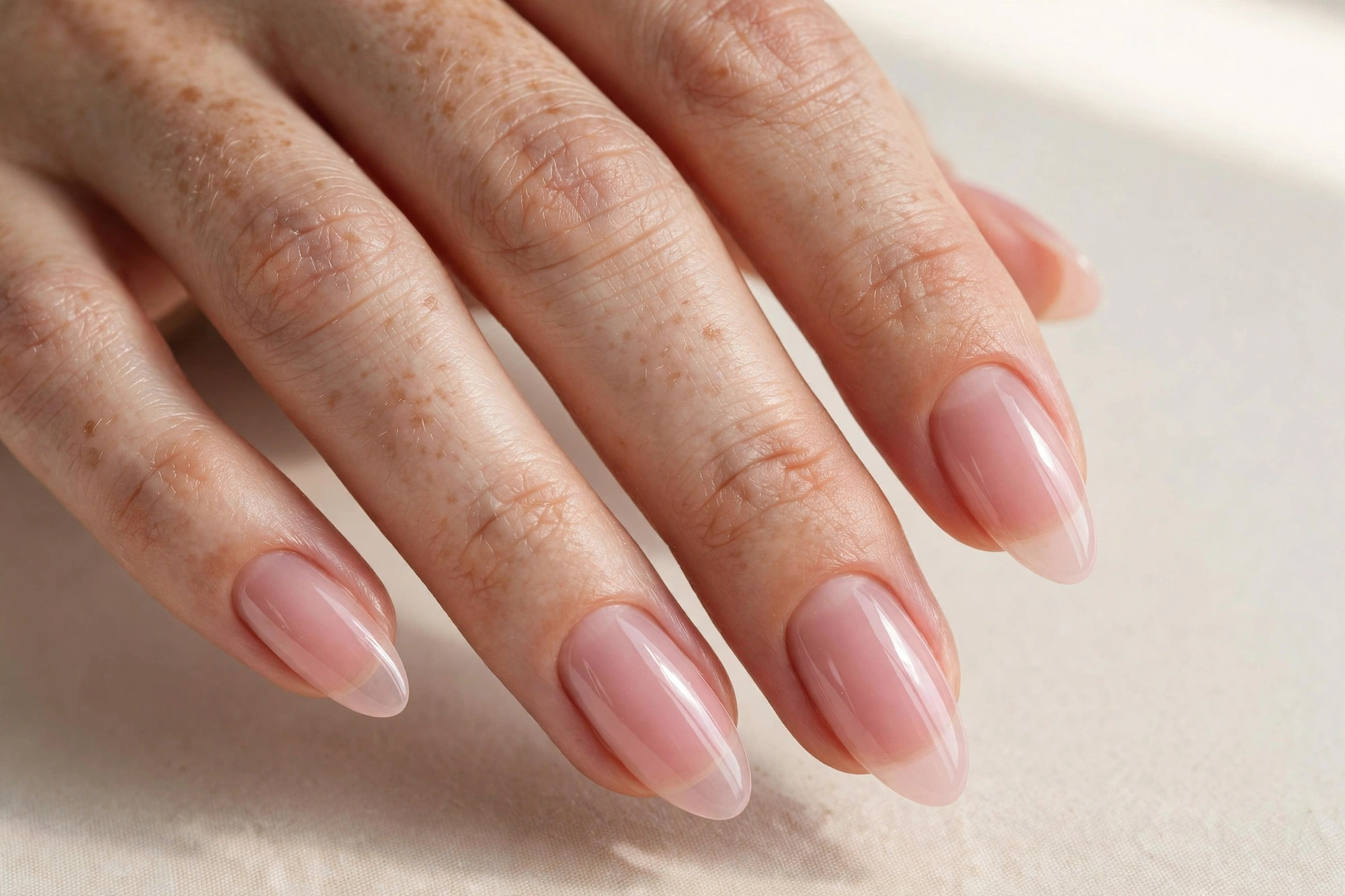 Close-up of a sheer pink overlay manicure on almond nails