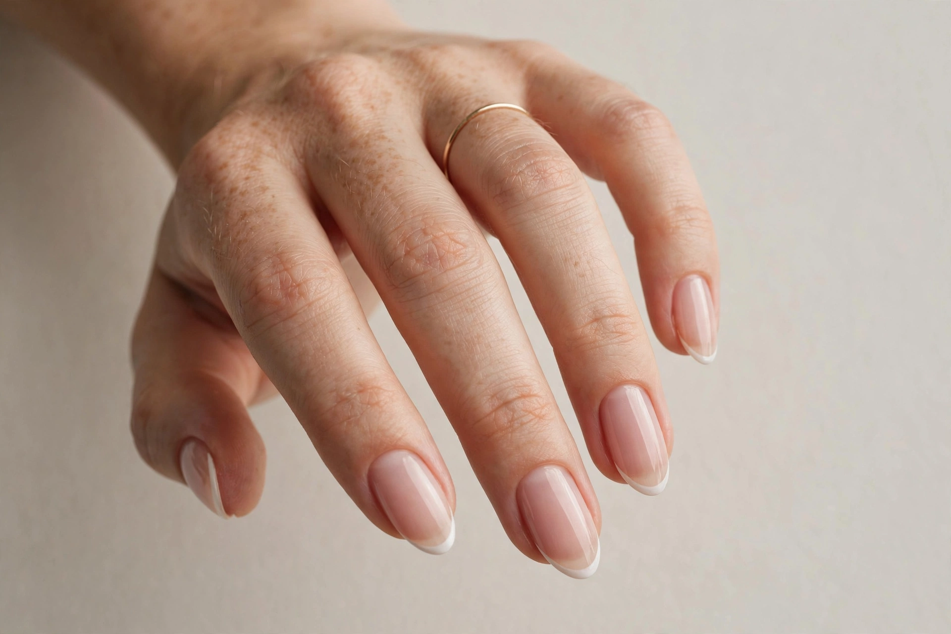Close-up of micro french tip manicure with thin white tips