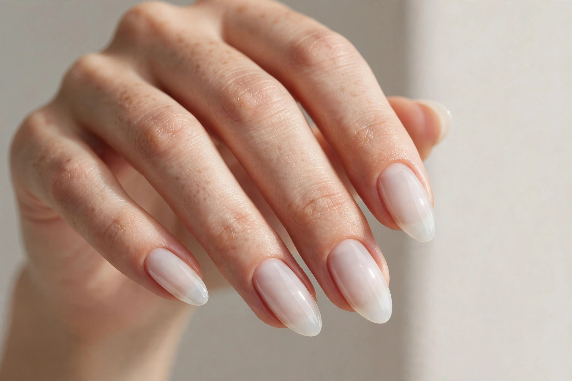 Close-up of milky white translucent manicure on almond nails