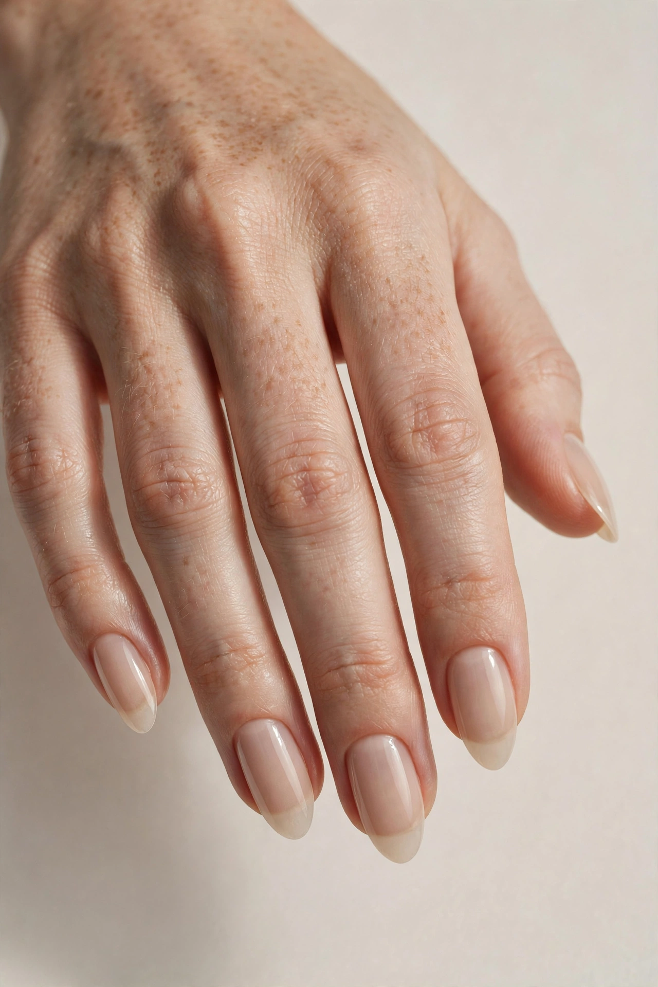 Close-up of barely-there sheer beige manicure on almond nails