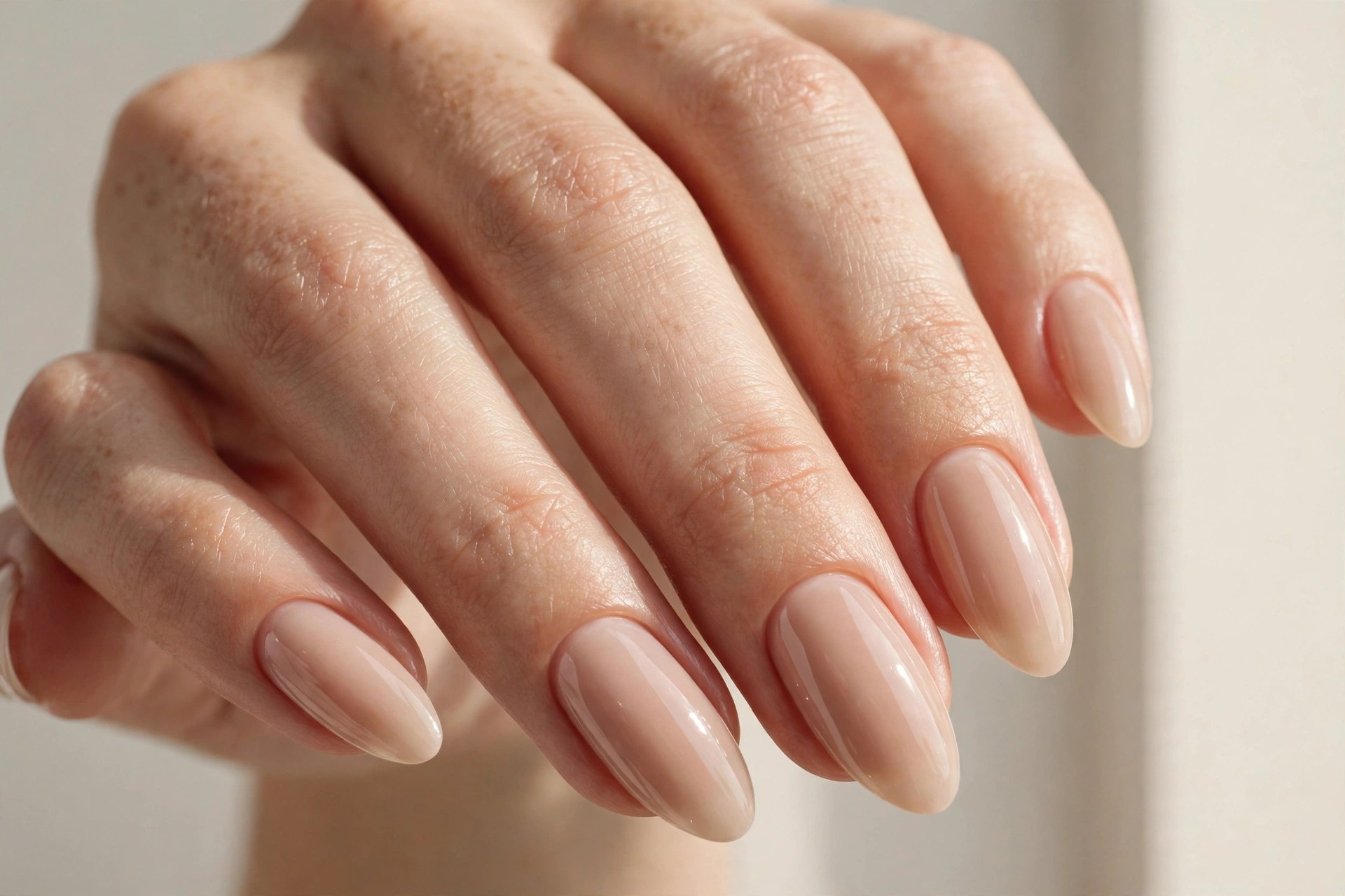Close-up of glossy natural nude almond-shaped nails