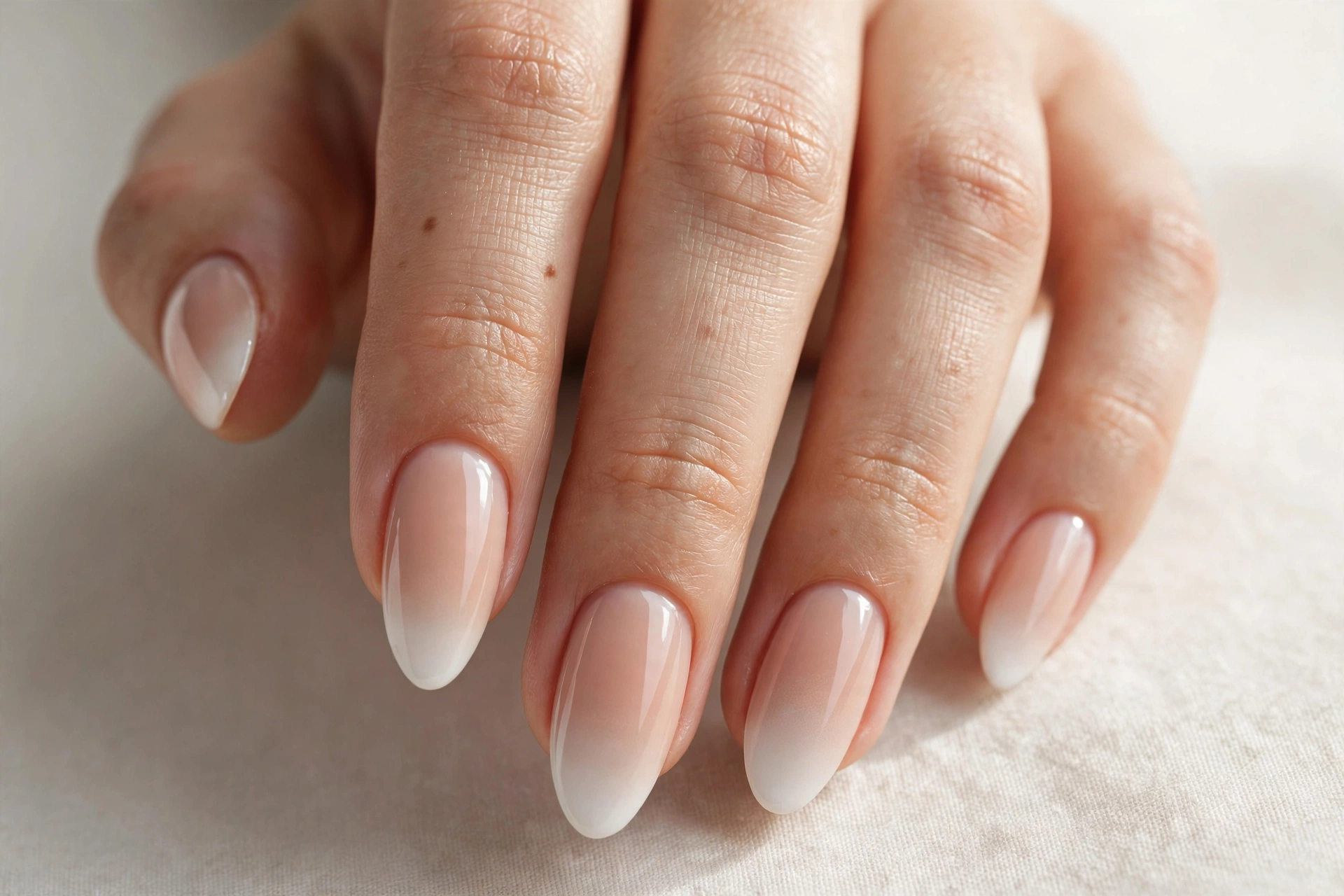 Close-up of soft nude ombre manicure fading to white tips