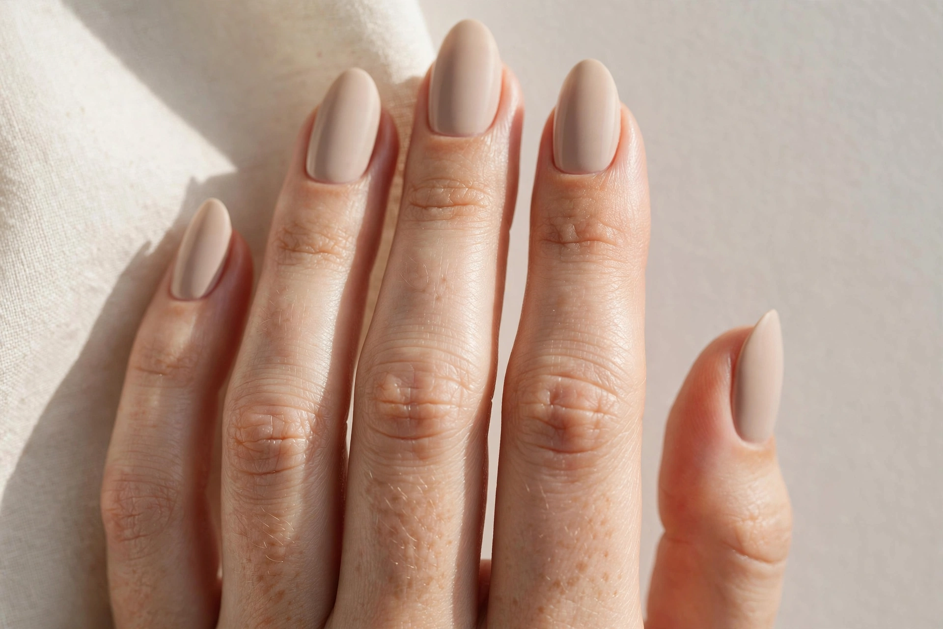 Close-up of soft greige neutral manicure on almond nails