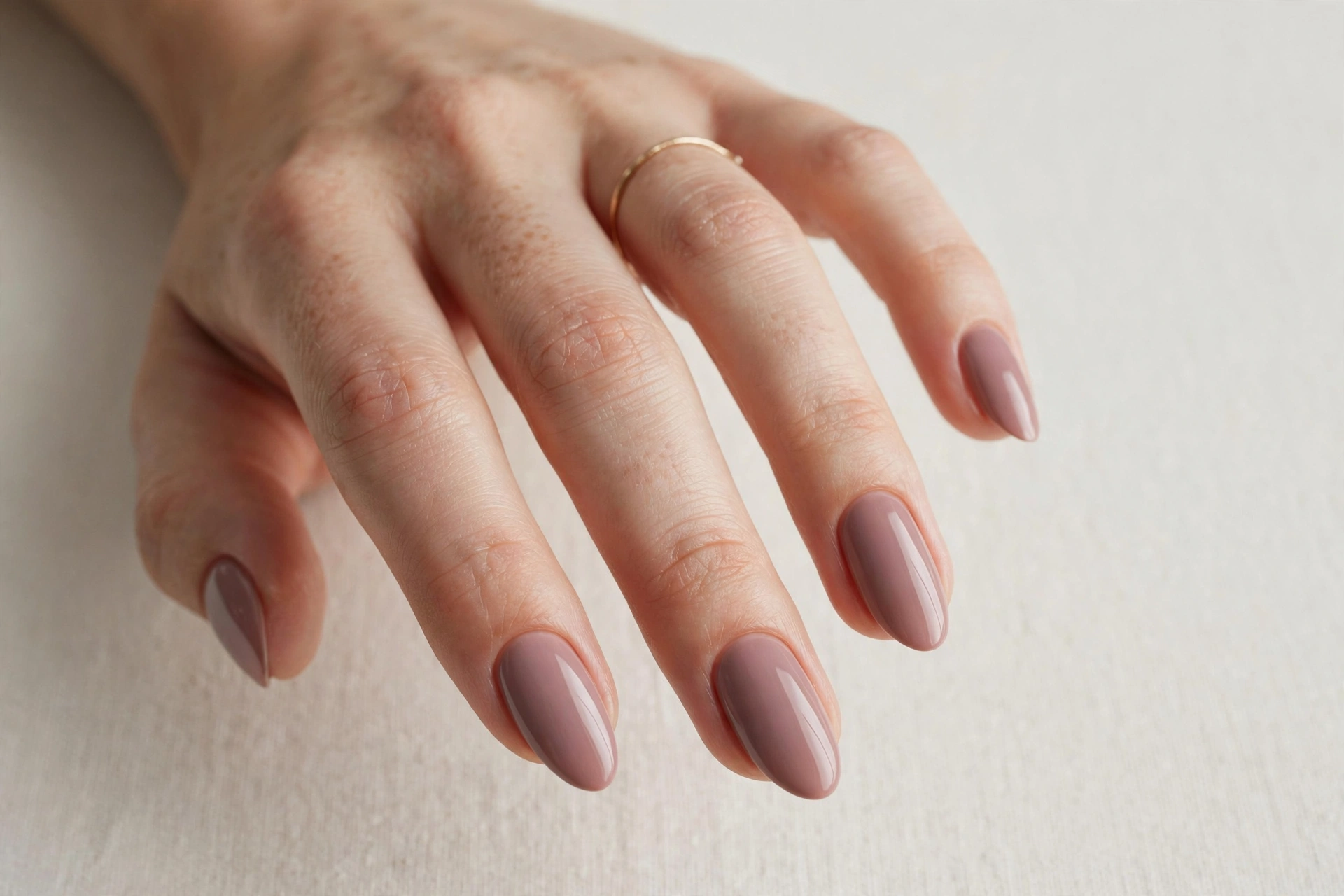 Close-up of muted mauve nude manicure on almond nails