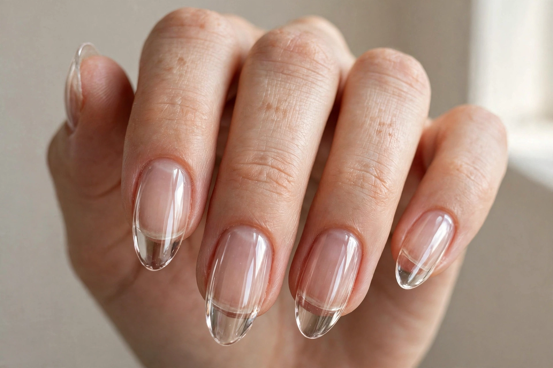 Close-up of clear glass-like transparent manicure on almond nails