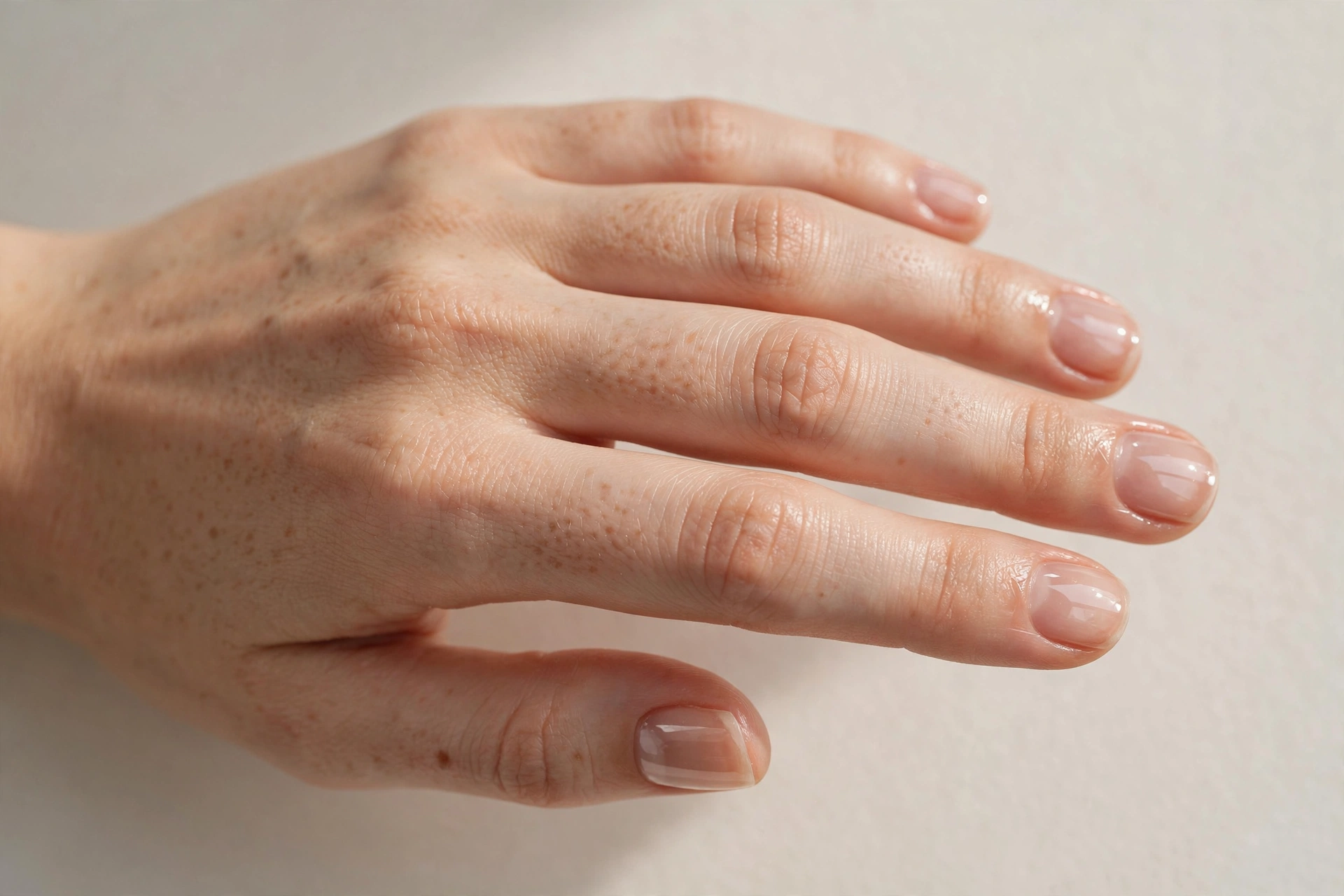 Close-up of short natural square nails with clear glossy coat