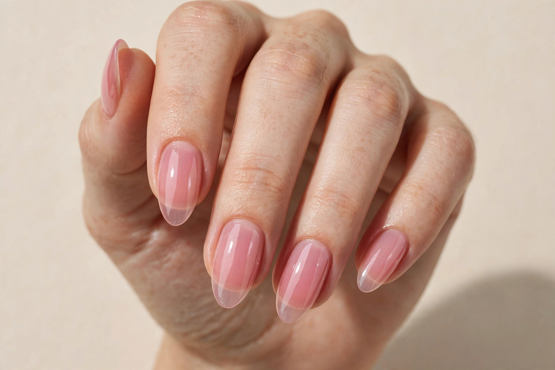 Close-up of lip-gloss sheen translucent pink manicure on almond nails