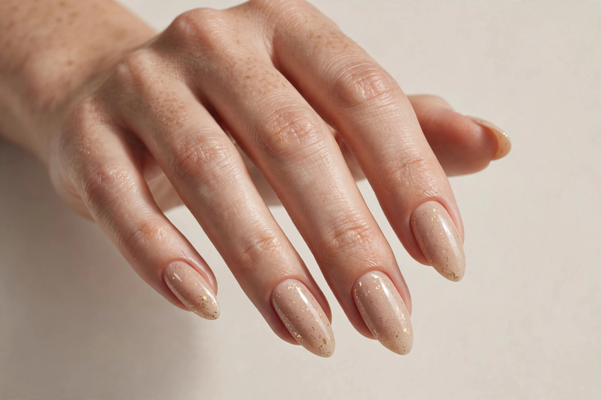 Close-up of nude manicure with delicate subtle gold flecks