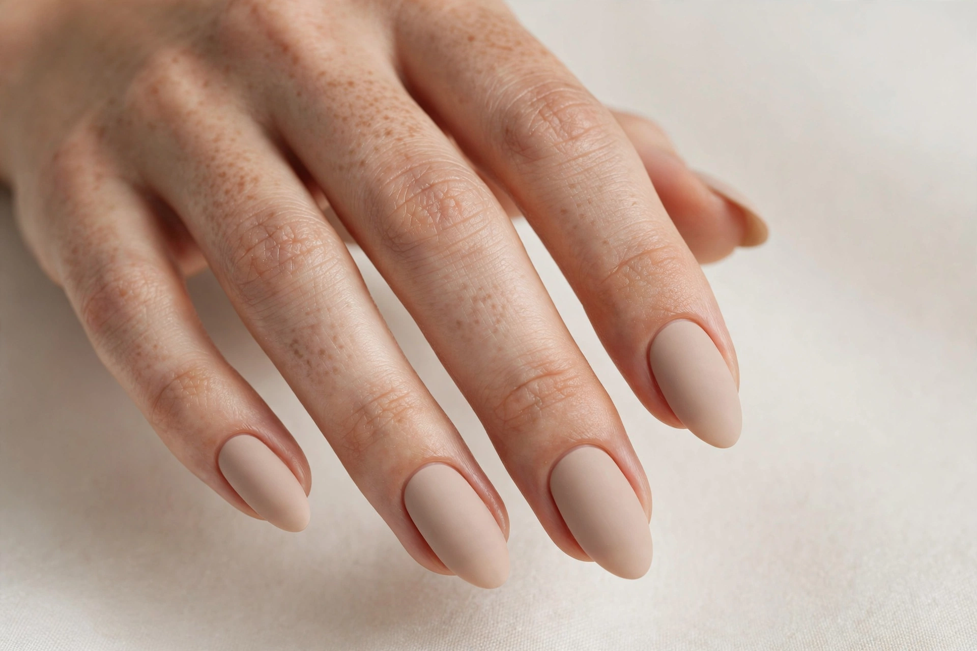 Close-up of matte beige nude manicure on almond nails