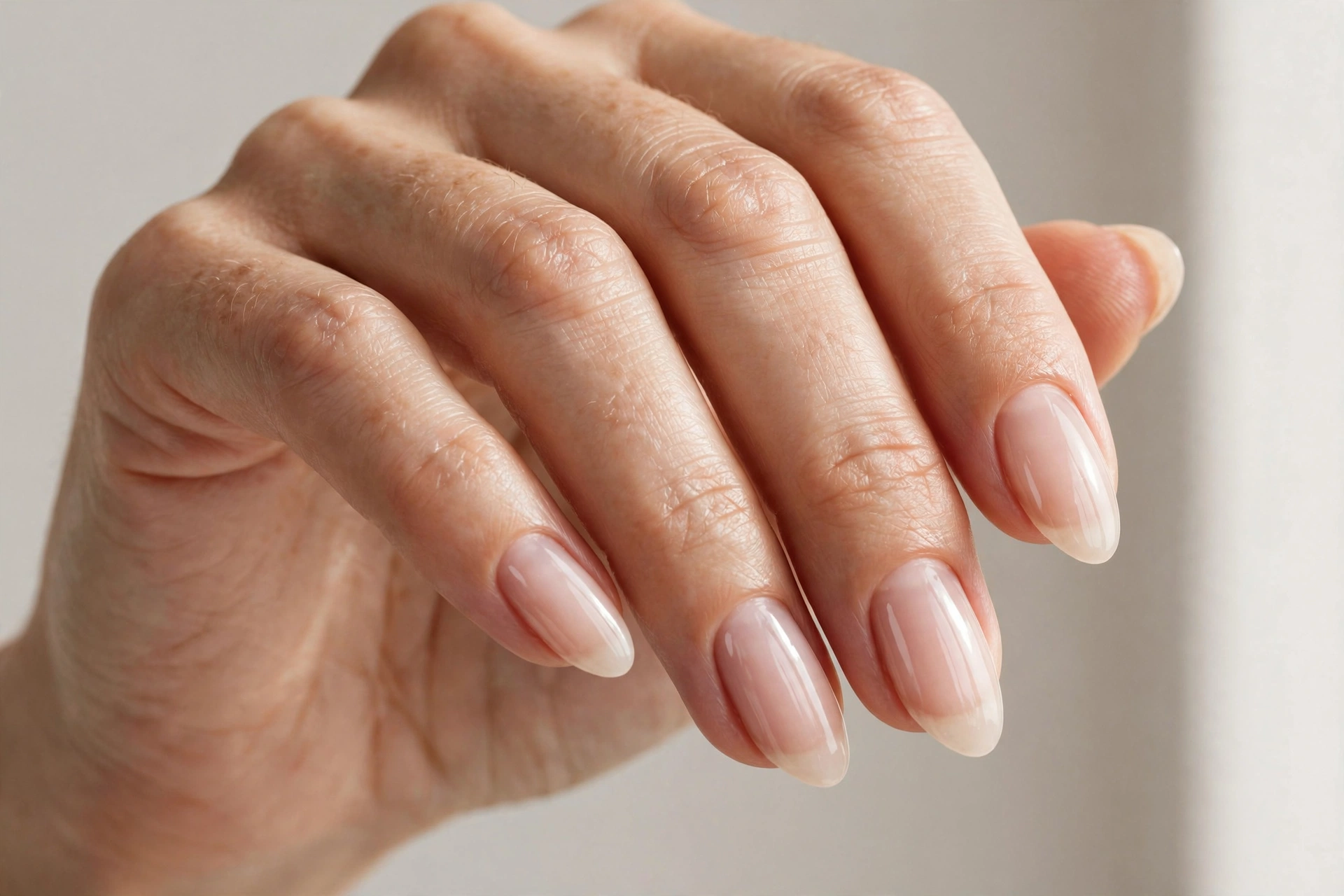 Close-up of healthy buffed bare natural nails with high-shine finish