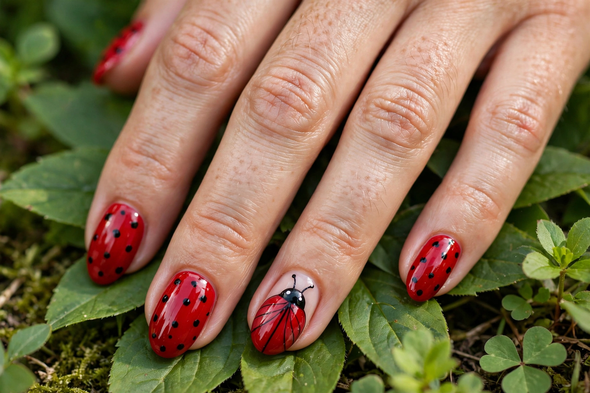 Lucky ladybug nail art with glossy red polish and black dots on almond nails