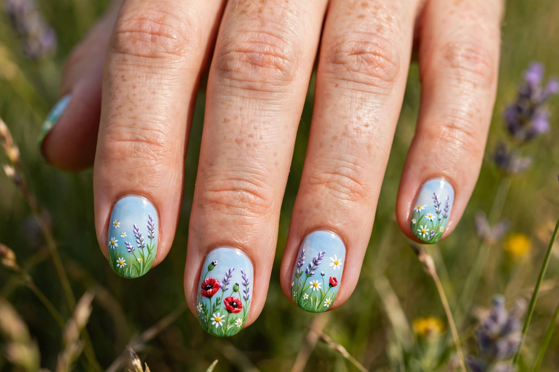 Wildflower meadow nail design with tiny daisies, poppies and lavender on blue and green gradient nails