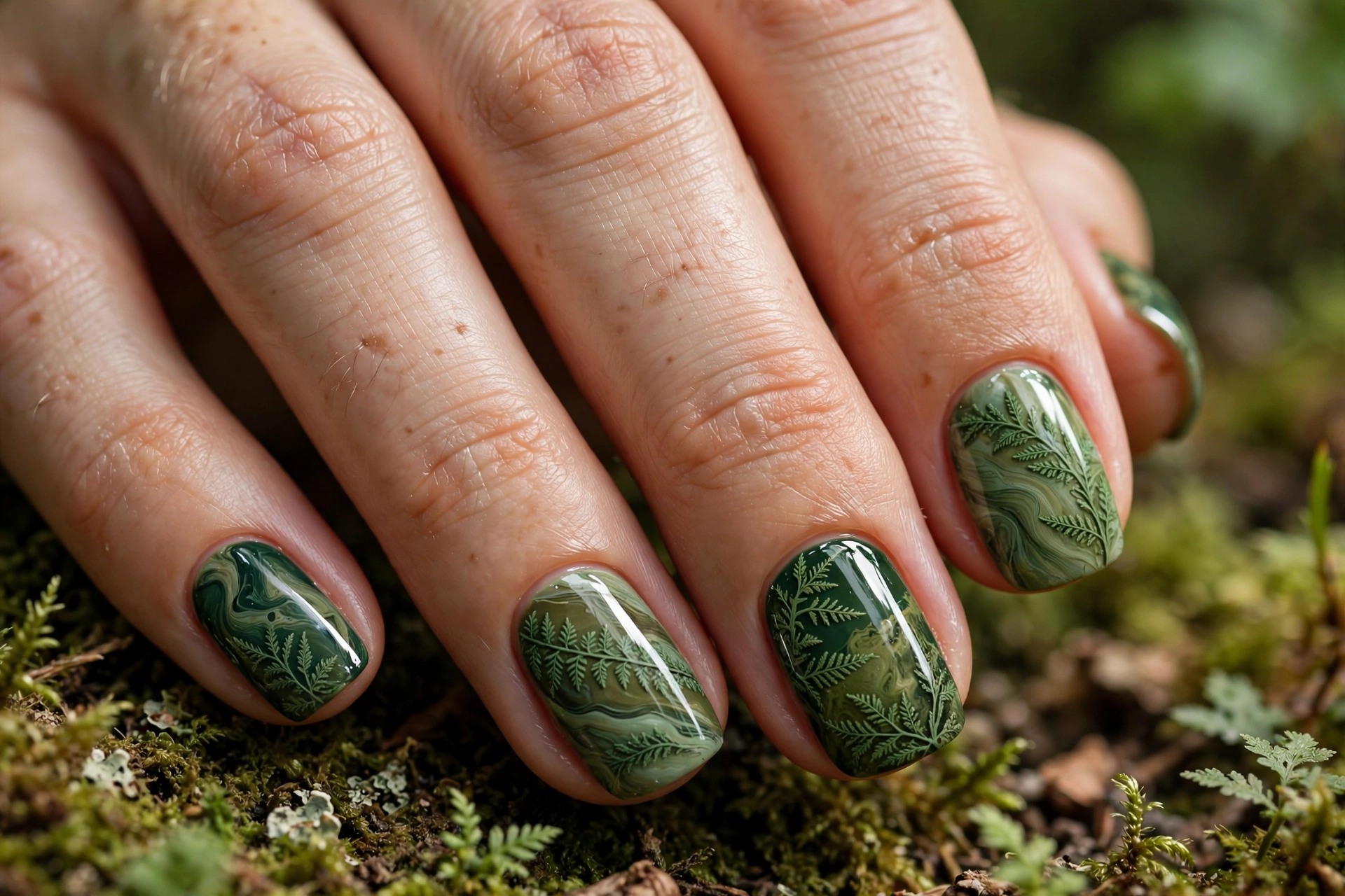 Mossy forest green marble nail design with layered greens and fern-like veining