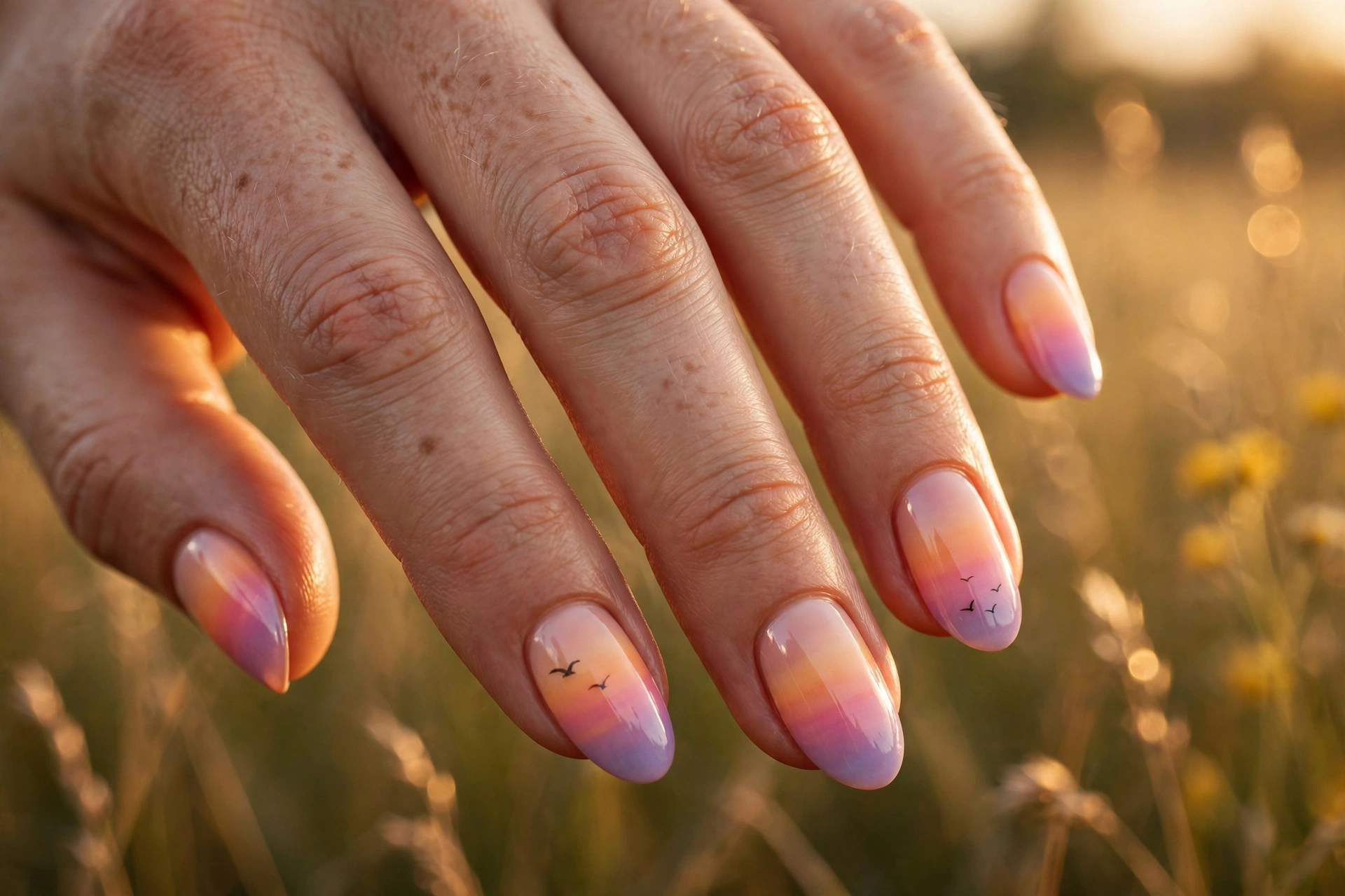 Sunset sky nail art with peachy orange to lavender gradient and tiny bird silhouettes