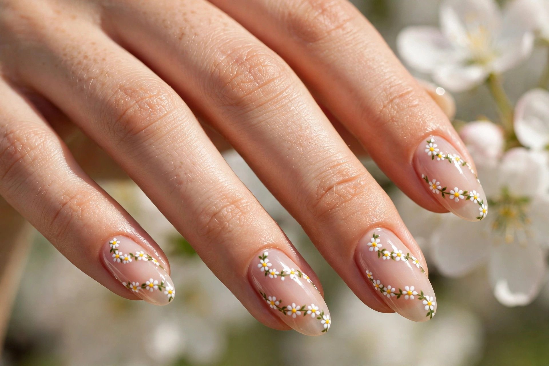 Daisy chain garland nail art with tiny white daisies winding across nude sheer nails