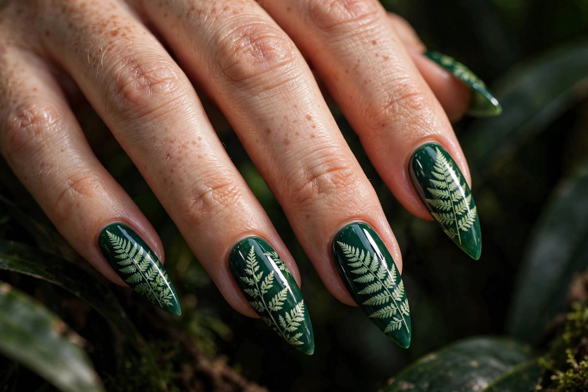 Fern leaf botanical nail art with light green fern fronds on deep emerald green nails