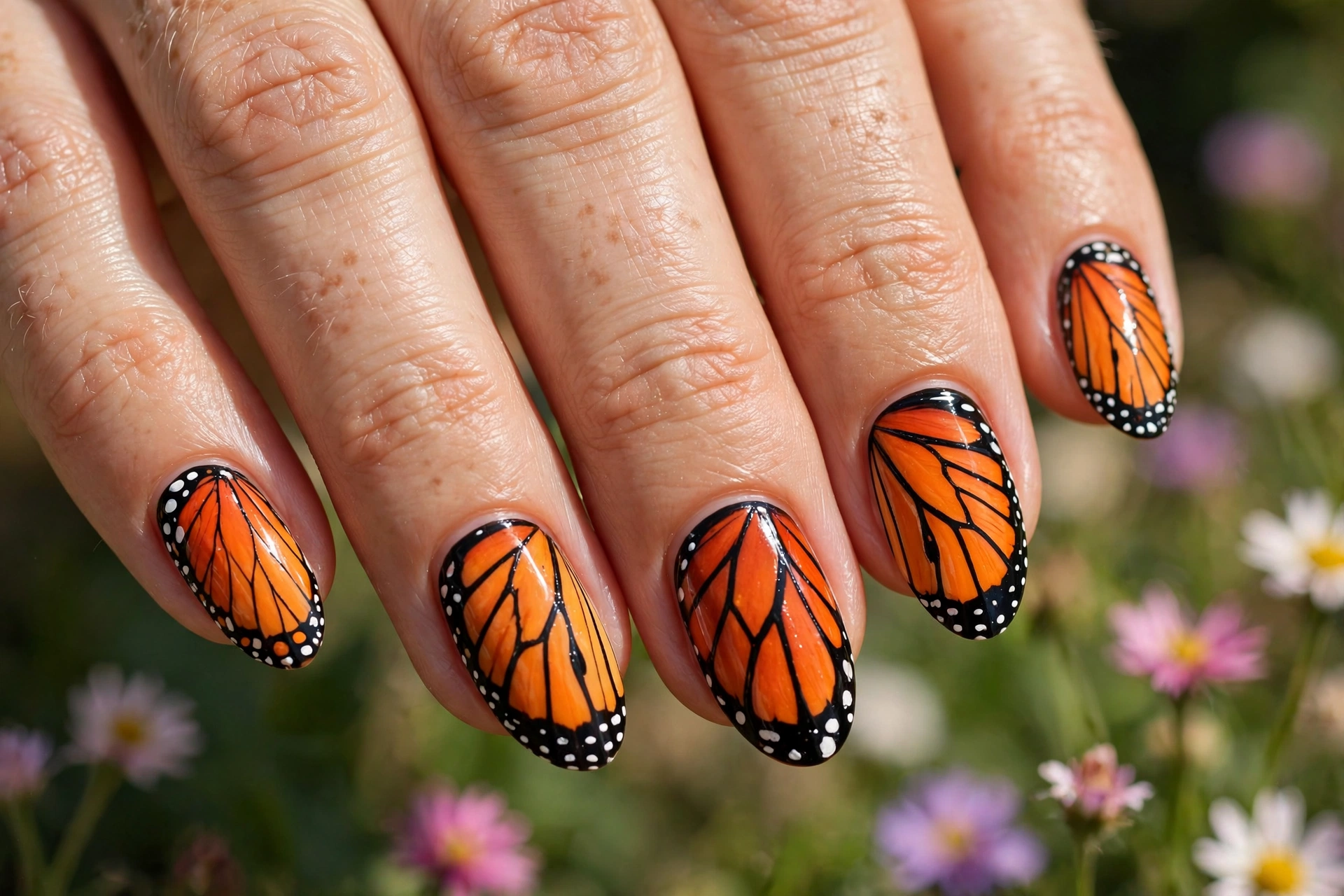 Monarch butterfly wing nail art with orange, black and white wing patterns on almond nails