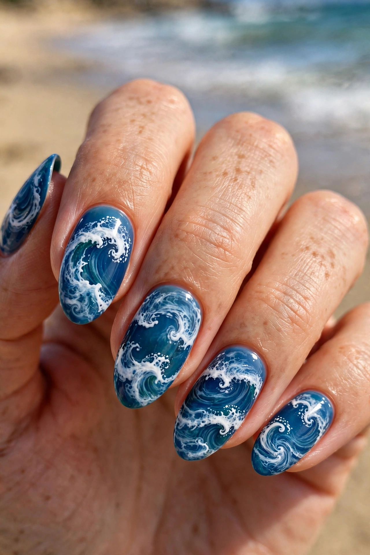 Ocean wave nail art with sea blue polish and white foam wave swirls