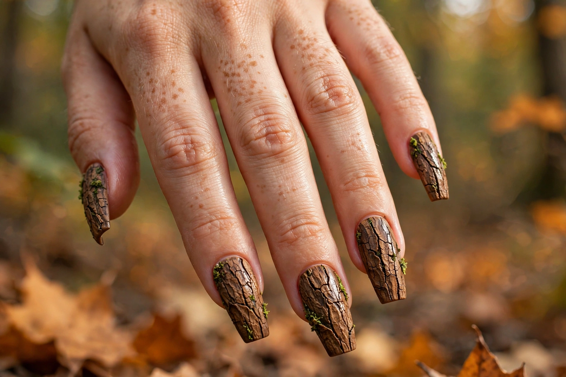 Tree bark texture nail art with cracked brown polish and moss green accents on coffin nails