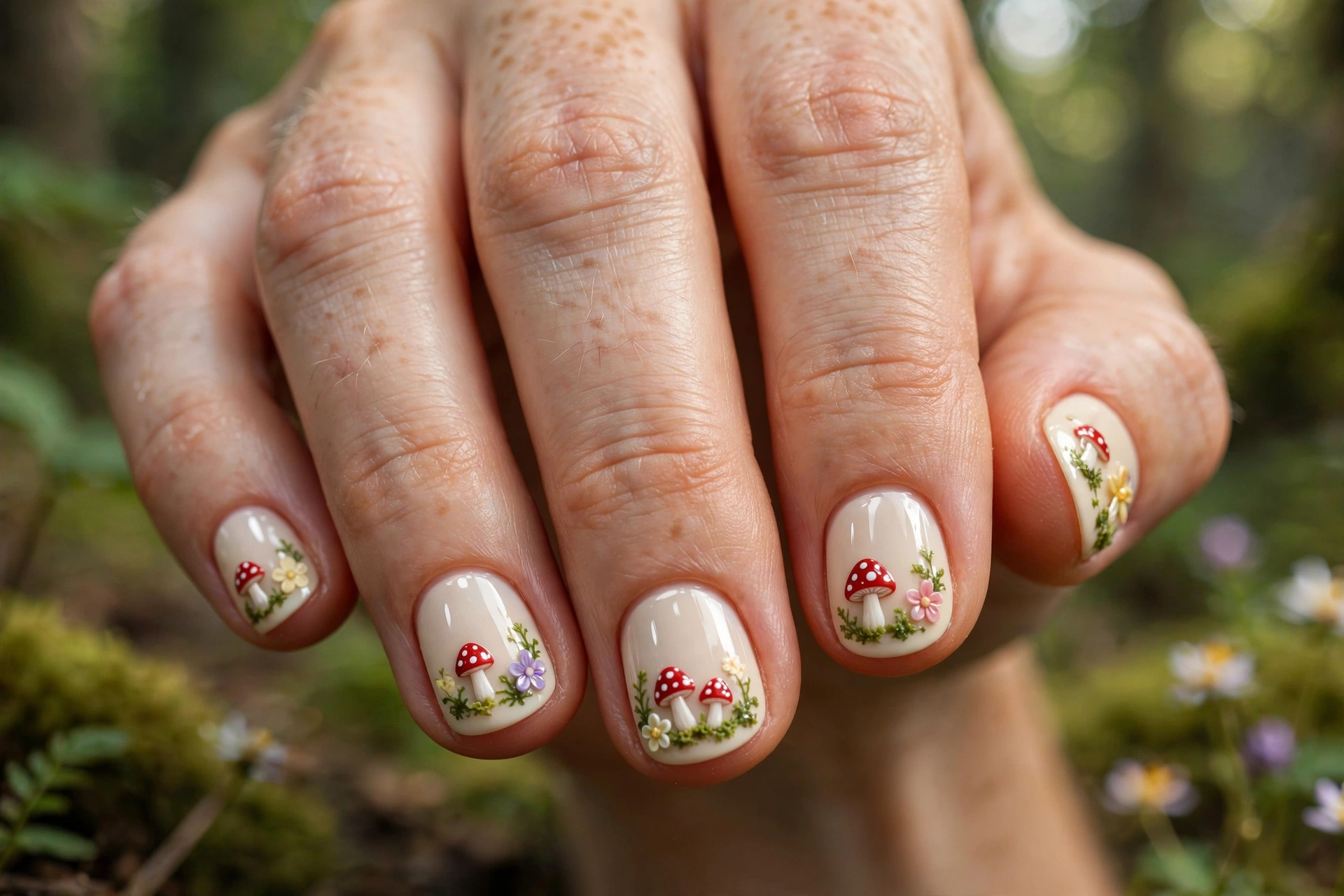 Cottagecore mushroom nail art with tiny red-capped mushrooms and moss sprigs on cream nails