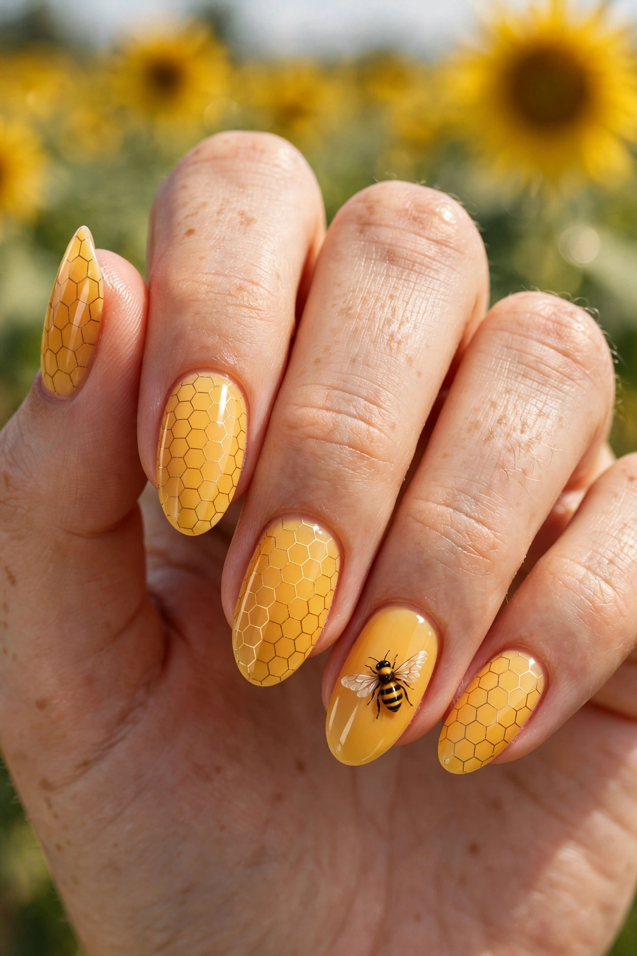 Honeybee nail art with honey yellow base, honeycomb pattern and cute painted bee accent