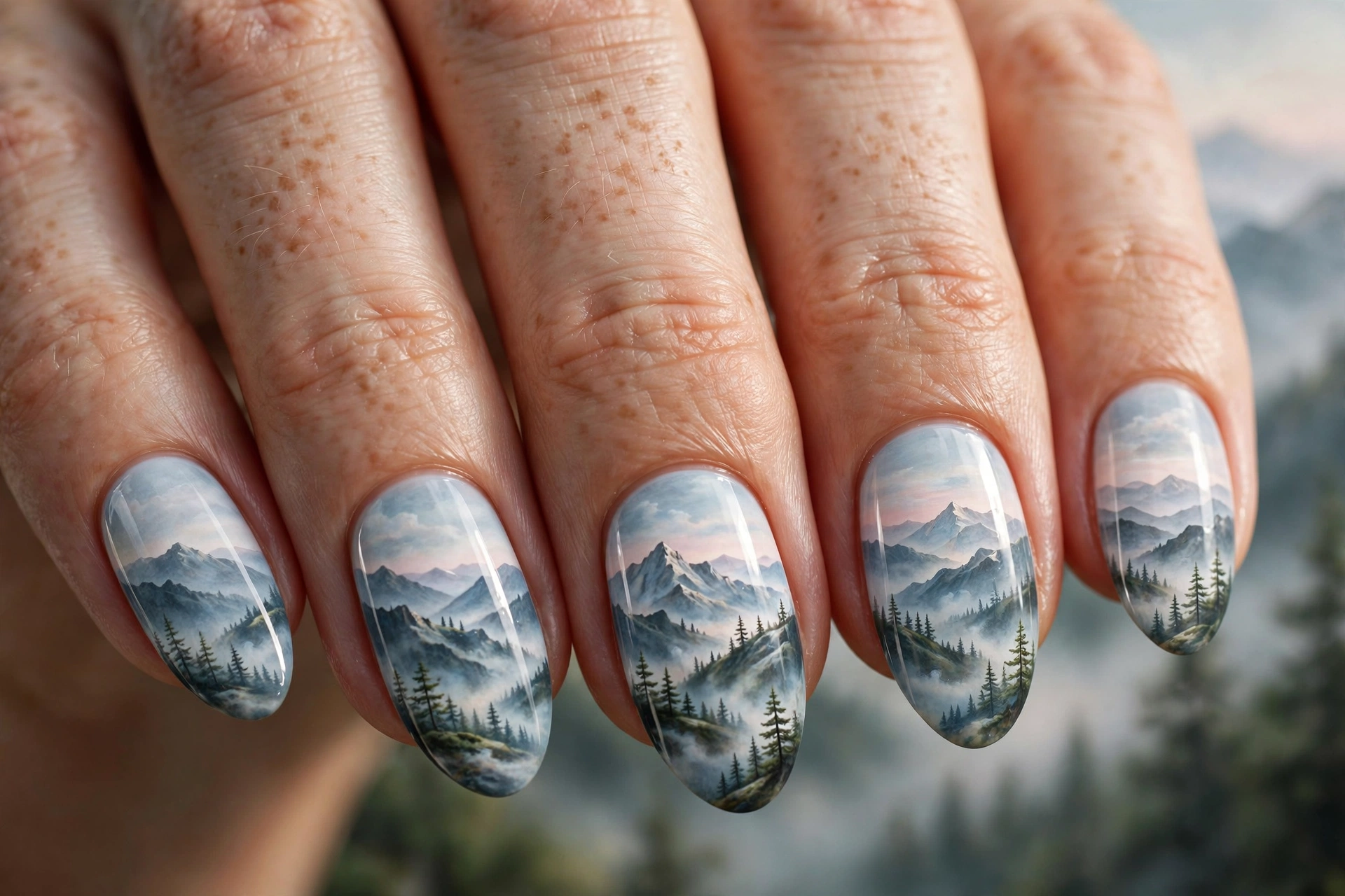 Mountain landscape nail art with misty blue grey peaks and tiny pine trees across almond nails
